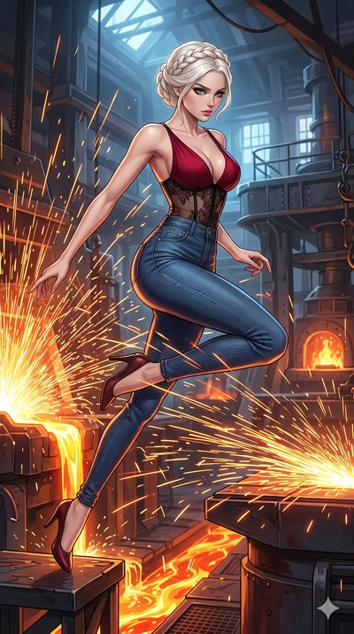 score_9, masterpiece, best quality, ultra-detailed, High-budget Anime Keyframe, beautiful Korean anime girl. Low angle cowboy shot filling the entire 9:16 frame with her statuesque presence. Leaping through a shower of sparks from a giant blacksmith'