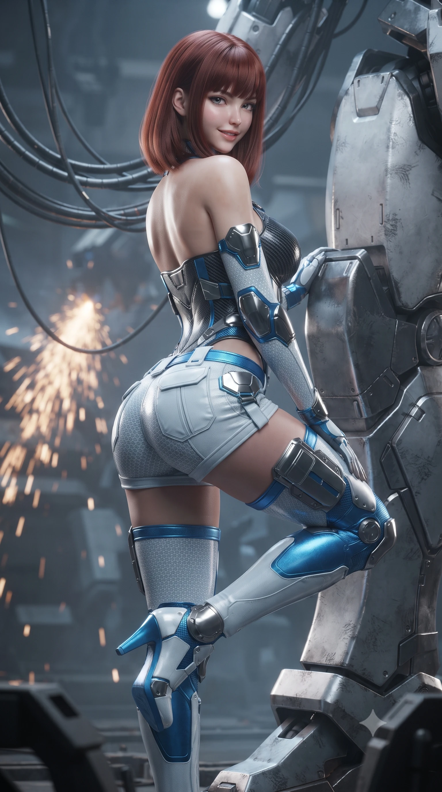 score_9, masterpiece, best quality, ultra-detailed, high-budget anime keyframe, editorial fashion photography, tasteful artistic composition, Caucasian woman. close-up cowboy shot from the waist and thighs up, the character dominates the composition, filling the frame with her large presence. posing in an alluring rear three-quarter angle, turning over a bare shoulder with an intoxicating gaze, her hips cocked back to highlight her slim hourglass curve against the glowing reactor while leaning against the heavy armored mech shin plate with one leg bent, displaying her long slender limbs and toned midriff with majestic grace. The background shows a soft-focus cascading welding sparks and suspended hydraulic umbilical cables softened in gritty mecha-hangar shallow focus. She has an exceptionally elegant, slender, and willowy female figure with an ultra-slim waist, flat toned midriff, narrow ribcage, and sculpted feminine hips creating an alluring, slim hourglass silhouette without bulk. sharp v-shaped jawline, high-bridge nose, intricate jewel-like sparkling eyes with depth, thick eyelashes, glossy parted lips with a natural sheen, bright confident smile with an enchanting and coquettish sensual glint, exuding both youthful magnetic charm and sovereign high-tech allure, flawlessly proportioned anatomical accuracy, strict slender model proportions, natural body alignment, perfectly sculpted long slender limbs, ultra-slim waistline, clean dynamic posture without body distortion. wearing a sculpted carbon-fiber bustier armor top paired with ultra-tight tactical cargo shorts and thigh-high armored boots in arctic snowflake white and electric plasma blue, woven from delicate semi-opaque high-tensile nano-mesh with intricate hexagonal micro-patterns, accented with strategically placed chrome armor plate guards covering key curves, the aerodynamic second-skin silhouette tightly following the natural contour of her hips and long slender legs with youthful 8.5-heads elegance. illuminated by floor warning lights and sharp platinum rim lights carving her razor-sharp jawline, narrow waist, and curvy hips. ultra-reflective glossy finish, specular highlights, rich textural contrasts, high-contrast stereoscopic depth, volumetric dynamic lighting, 2k, ultra detail, master piece, 9:16 ratio