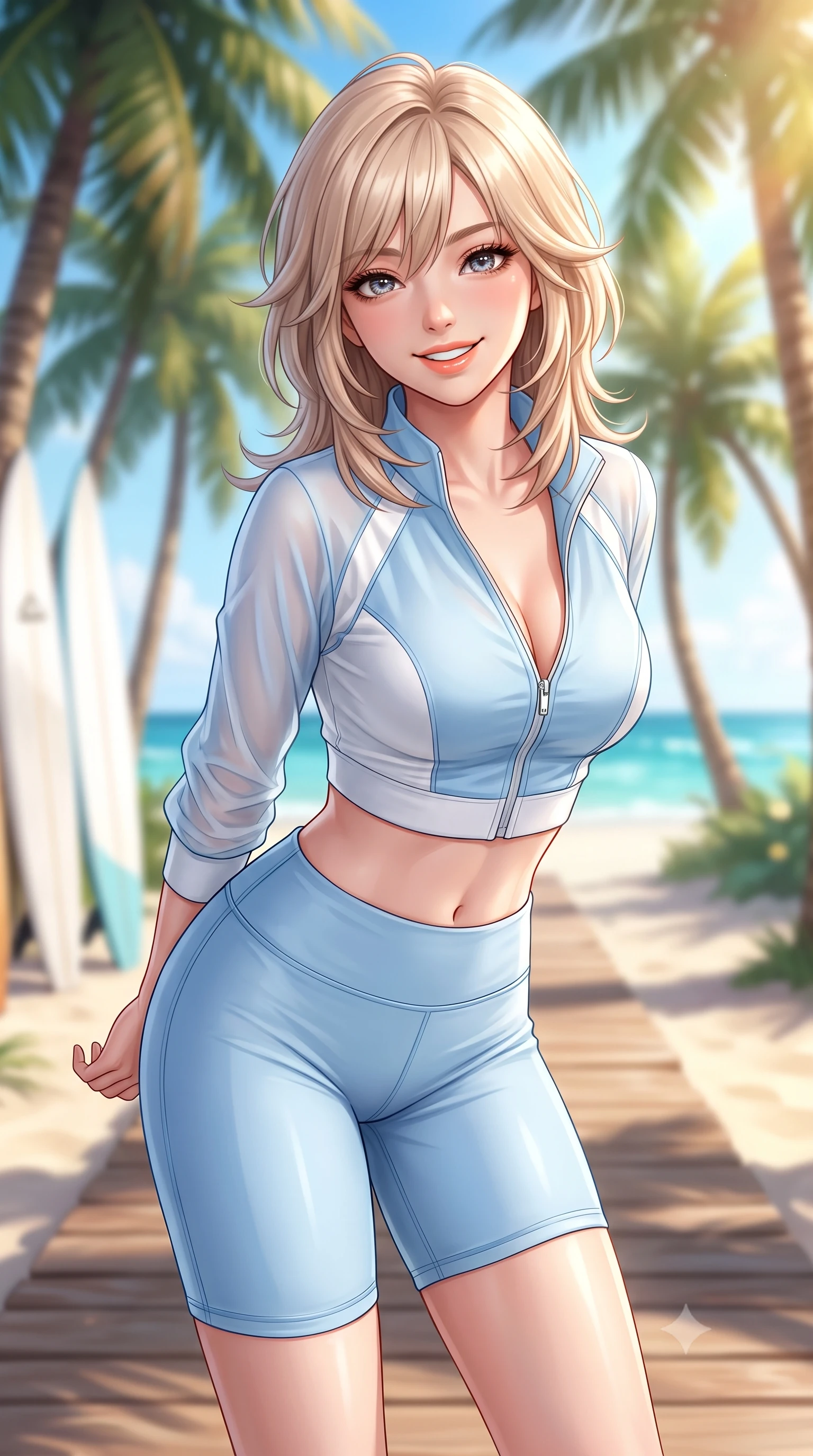 score_9, masterpiece, best quality, ultra-detailed, high-budget anime keyframe, semi-realistic 3D game render, editorial fashion photography, tasteful artistic composition, Japanese woman. close-up cowboy shot from the waist and thighs up, the character dominates the composition, filling the frame with her large presence. resting both hands lightly behind her back while leaning toward the lens with a cheerful, teasing grin, her form-fitting outfit hugging her narrow waist and feminine hip curve while striding cheerfully along the wooden boardwalk leading through a shaded coconut palm grove, arching her back with an infectious sun-kissed smile. The composition keeps background elements in soft focus with dreamy creamy bokeh. swaying coconut palm groves, white surf shack boards, and turquoise Pacific breakers blurred into jade, cyan, and golden amber bokeh. She has an exceptionally elegant, slender, and willowy female figure with an ultra-slim waist, flat toned midriff, narrow ribcage, and sculpted feminine hips creating an alluring, slim hourglass silhouette without bulk. sharp v-shaped jawline, high-bridge nose, intricate jewel-like sparkling eyes with depth, thick eyelashes, glossy parted lips with a natural peach sheen, bright cheerful beaming smile with an enchanting and coquettish sensual glint, exuding both youthful cute charm and seductive allure, flawlessly proportioned anatomical accuracy, strict slender model proportions, natural body alignment, perfectly sculpted long slender limbs, ultra-slim waistline, clean dynamic posture without body distortion. wearing a sporty chic zip-up crop jacket paired with high-waisted biker shorts clinging to her athletic hips in soft baby blue and crisp cloud white, woven from layered gossamer organza with weightless flutter, finished with criss-cross back satin straps highlighting her graceful shoulder blades, the form-contouring cut accentuating her sculpted flat midriff, narrow delicate ribcage, and gracefully curvy hips with supermodel precision. bathed in brilliant tropical afternoon golden sunlight and radiant turquoise water bounce fill. highly saturated vibrant anime colors, detailed shading with soft gradients, rich glossy textures, high-contrast stereoscopic depth, volumetric dynamic lighting, master piece, 9:16 ratio