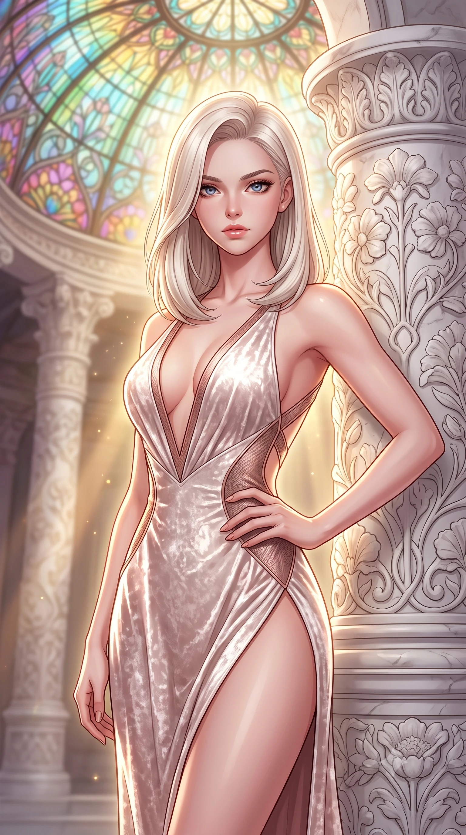score_9, masterpiece, best quality, ultra-detailed, high-budget anime keyframe, editorial fashion photography, tasteful artistic composition, Caucasian woman. close-up cowboy shot from the waist and thighs up, the character dominates the composition, filling the frame with her large presence, background elements kept in soft focus. Holding a confident power pose with one hand on her hip, gazing directly into the camera with quiet intensity resting against a sculpted white marble pillar under a rainbow dome, intricate floral Art Nouveau motifs decorating the surrounding stone. She has an exceptionally elegant, slender, and willowy female figure with an ultra-slim waist, a gracefully sculpted slender torso, and a refined silhouette. sharp v-shaped jawline, high-bridge nose, intricate jewel-like eyes with depth, thick eyelashes, glossy lips with a natural sheen. wearing a backless crushed velvet gown with a deep V-neckline and high thigh slit in pearl white and rose gold, made of fine carbon-fiber weave and soft matte leather, complemented by criss-cross back straps highlighting her bare shoulders, the sleek second-skin texture accentuating her magnetic presence. surrounded by a glowing divine aura of sunbeams and incense radiance. highly saturated vibrant anime colors, detailed shading with soft gradients, rich glossy textures, high-contrast stereoscopic depth, volumetric dynamic lighting, master piece, 9:16 ratio