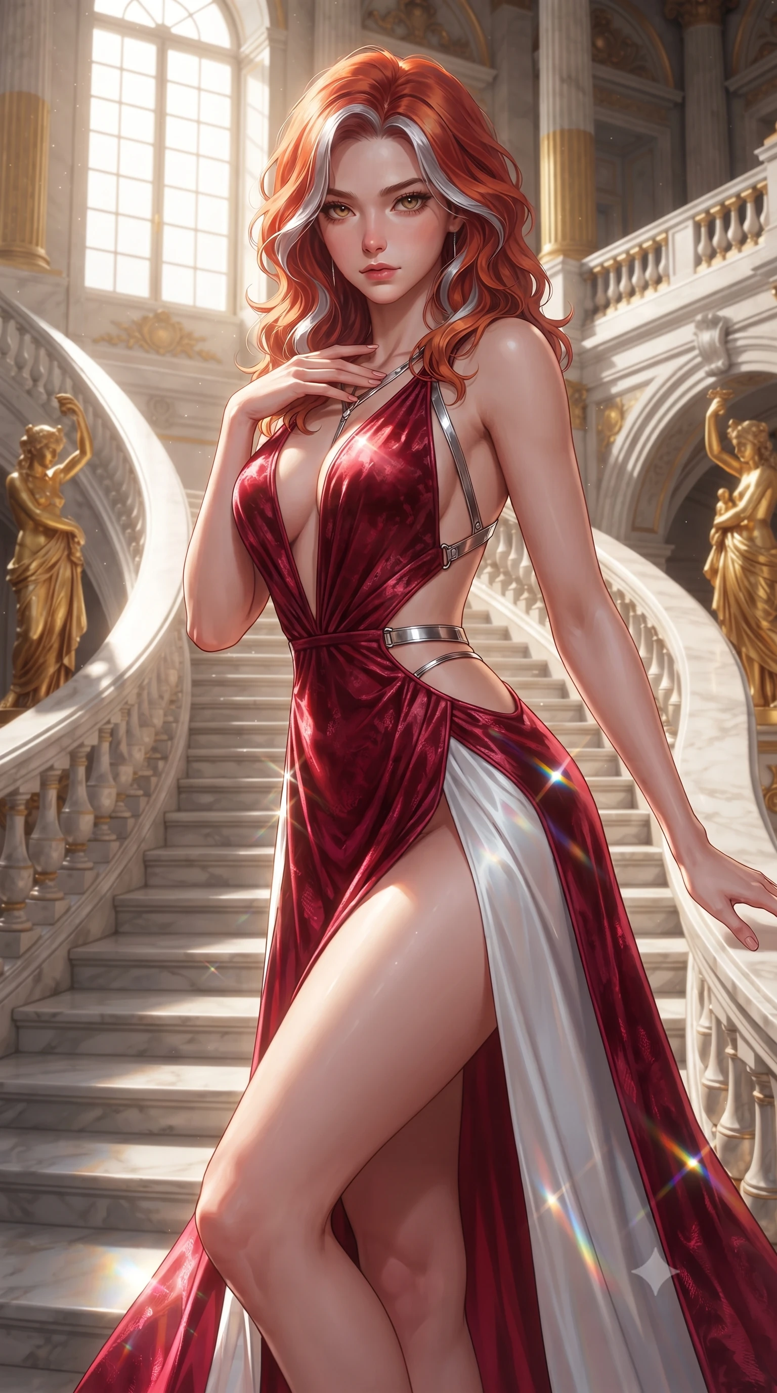 score_9, masterpiece, best quality, ultra-detailed, high-budget anime keyframe, editorial fashion photography, tasteful artistic composition, Caucasian woman. close-up cowboy shot from the waist and thighs up, the character dominates the composition, filling the frame with her large presence. leaning forward with a dangerous, enticing smolder, resting one hand near her collarbone while casting a fiery, magnetic direct gaze while ascending a grand marble staircase flanked by golden statues with radiant midday sunlight catching her draped silk gown. The surrounding environment is rendered in vivid detail and crisp panoramic clarity. intense natural daylight refractions and panoramic monumental architecture captured with environmental sharpness. She has an exceptionally elegant, slender, and willowy female figure with an ultra-slim waist, a gracefully sculpted slender torso, toned flat midriff, and a refined slim silhouette. sharp v-shaped jawline, high-bridge nose, intricate jewel-like eyes with depth, thick eyelashes, glossy lips with a natural sheen, flawlessly proportioned anatomical accuracy, strict slender model proportions, natural body alignment, perfectly sculpted long slender limbs, ultra-slim waistline, clean dynamic posture without body distortion. wearing a backless crimson crushed velvet gown with a deep plunging V-neckline, strategic hip cutouts, and an ultra-high thigh slit in radiant crimson silk and crisp snow white, made of liquid metal jersey that clings flawlessly to every contour of her build, reinforced by a sleek metallic chrome harness and delicate glowing micro-straps, the form-contouring material adhering flawlessly to her sculpted flat midriff and slender torso, emphasizing her long leg lines and perfectly proportioned willowy build. surrounded by a majestic, radiant, and intensely alluring solar goddess atmosphere. ultra-reflective glossy finish, specular highlights, metallic sheen, high-contrast stereoscopic depth, volumetric dynamic lighting, 2k, ultra detail, master piece, 9:16 ratio