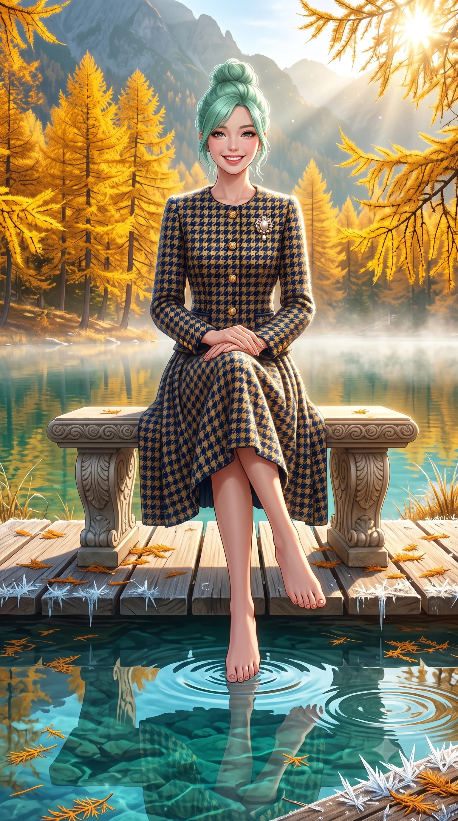 score_9, masterpiece, best quality, ultra-detailed, high-budget anime keyframe, semi-realistic 3D game render, editorial fashion photography, tasteful artistic composition, Japanese woman. low angle full-body shot from head to toe showing her feet, filling the entire 9:16 vertical frame with her statuesque presence, stretching her vertical silhouette. sitting gracefully on the carved stone bench with legs crossed at the ankles, hands resting gently in her lap with noble poise while pausing beneath a stand of brilliant golden larch trees reflecting in the turquoise water, holding her coat lapels with refined elegance. The surrounding environment is rendered in vivid detail and crisp panoramic clarity: sharp ice crystal needles on wooden boardwalk planks, fallen larch needles, and ripples on glassy water in deep focus. She has an exceptionally tall and slender model-like 8.5-heads proportion, an ultra-slim waist, a flat toned midriff, narrow delicate ribcage, and beautifully sculpted feminine hips creating a graceful, slim hourglass silhouette without any bulky heaviness, with impossibly long slender legs. sharp v-shaped jawline, high-bridge nose, intricate jewel-like sparkling eyes with depth, thick eyelashes, glossy parted lips with a natural peach sheen, bright cheerful beaming smile with an enchanting and coquettish sensual glint, exuding both youthful cute charm and seductive allure, flawlessly proportioned anatomical accuracy, strict slender model proportions, natural body alignment, perfectly sculpted long slender limbs, ultra-slim waistline, clean dynamic posture without body distortion. wearing a structured houndstooth tweed jacket with gold embossed buttons and a matching pleated A-line midi skirt in Ginza vintage brass gold and midnight navy, woven from plush alpaca yarn with a cloud-like fuzzy texture and soft halo, complemented by an antique baroque pearl brooch pinned tastefully on the lapel, the precision-cut high-waisted tailoring accentuating her ultra-slim waist and long slender leg line with immaculate aristocratic poise. bathed in crisp, sparkling morning sun breaking over mountain crests, illuminating lake mist with ethereal golden backlighting. highly saturated vibrant anime colors, detailed shading with soft gradients, rich glossy textures, high-contrast stereoscopic depth, volumetric dynamic lighting, master piece, 9:16 ratio