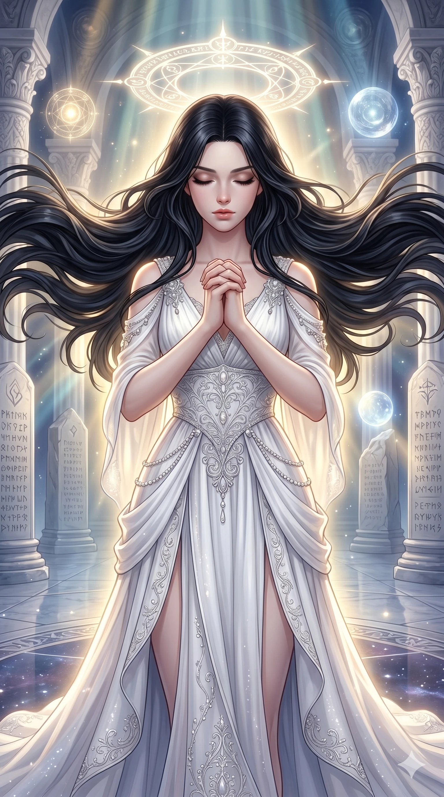 score_9, score_8_up, score_7_up, source_anime, masterpiece, best quality, ultra-detailed, same character with long flowing black hair, wearing an elaborate white goddess gown, upper body close-up from thigh up filling the screen, hands clasped in prayer with eyes closed, radiant holy aura, celestial temple background, glowing halo effect, 2k, 9:16 ratio