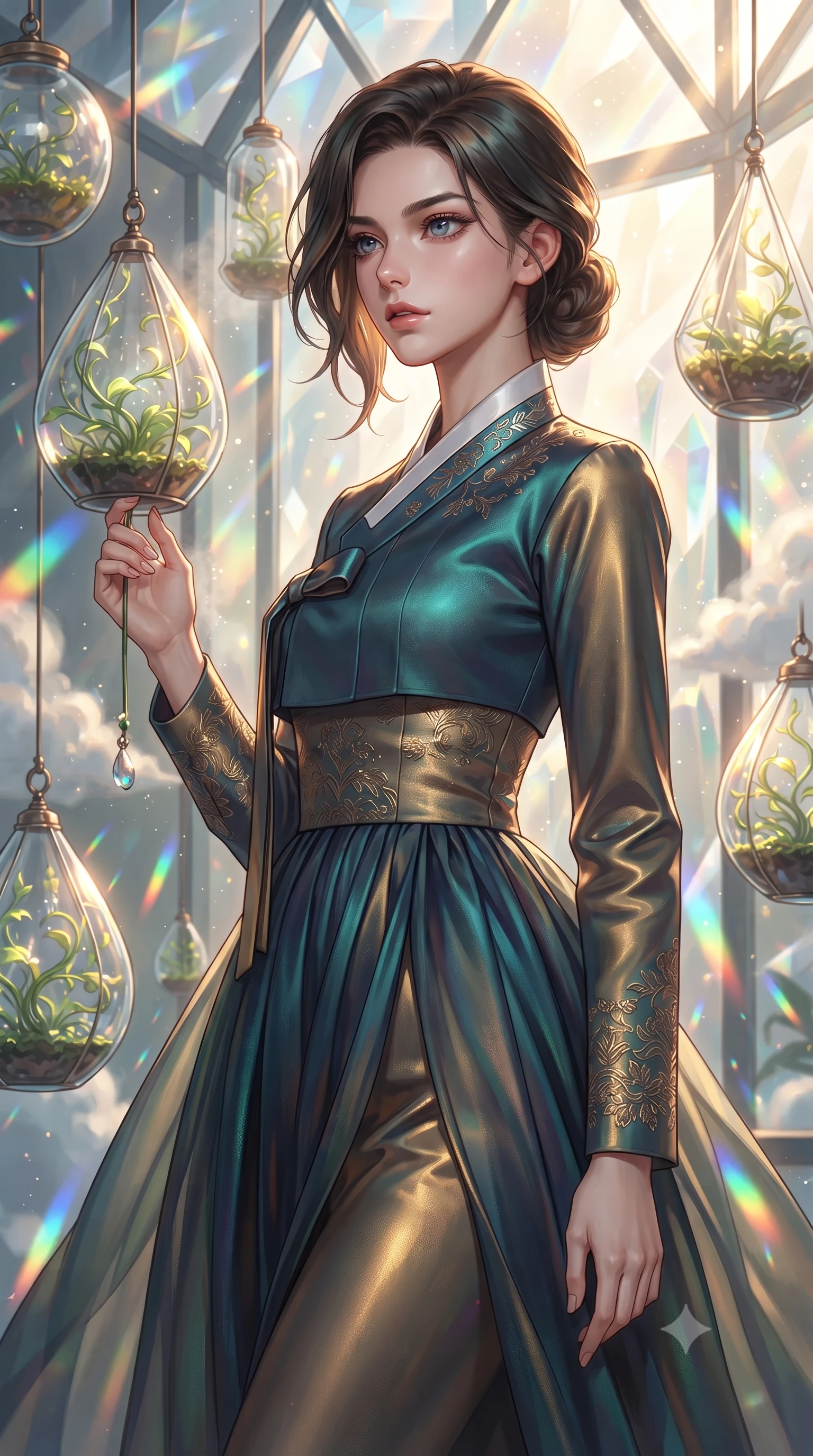 score_9, masterpiece, best quality, ultra-detailed, high-budget anime keyframe, editorial fashion photography, tasteful artistic composition, Korean woman. close-up cowboy shot from the waist and thighs up, the character dominates the composition, filling the frame with her large presence, background elements kept in soft focus. Gazing past the camera with an air of effortless elegance and mysterious confidence surrounded by floating glass terrariums and radiant biomorphic vines, steam clouds refracting sunlight into brilliant rainbow prisms. She has an exceptionally elegant, slender, and willowy female figure with an ultra-slim waist, a gracefully sculpted slender torso, and a refined silhouette. sharp v-shaped jawline, high-bridge nose, intricate jewel-like eyes with depth, thick eyelashes, glossy lips with a natural sheen. wearing a modern fusion silk hanbok dress with a structured bodice and flowing chiffon skirt, the tailored fabric tightly following every curve of her athletic build. lit by warm golden-hour rays cascading through crystalline glass panes. ultra-reflective glossy finish, specular highlights, metallic sheen, high-contrast stereoscopic depth, volumetric dynamic lighting, 2k, ultra detail, master piece, 9:16 ratio