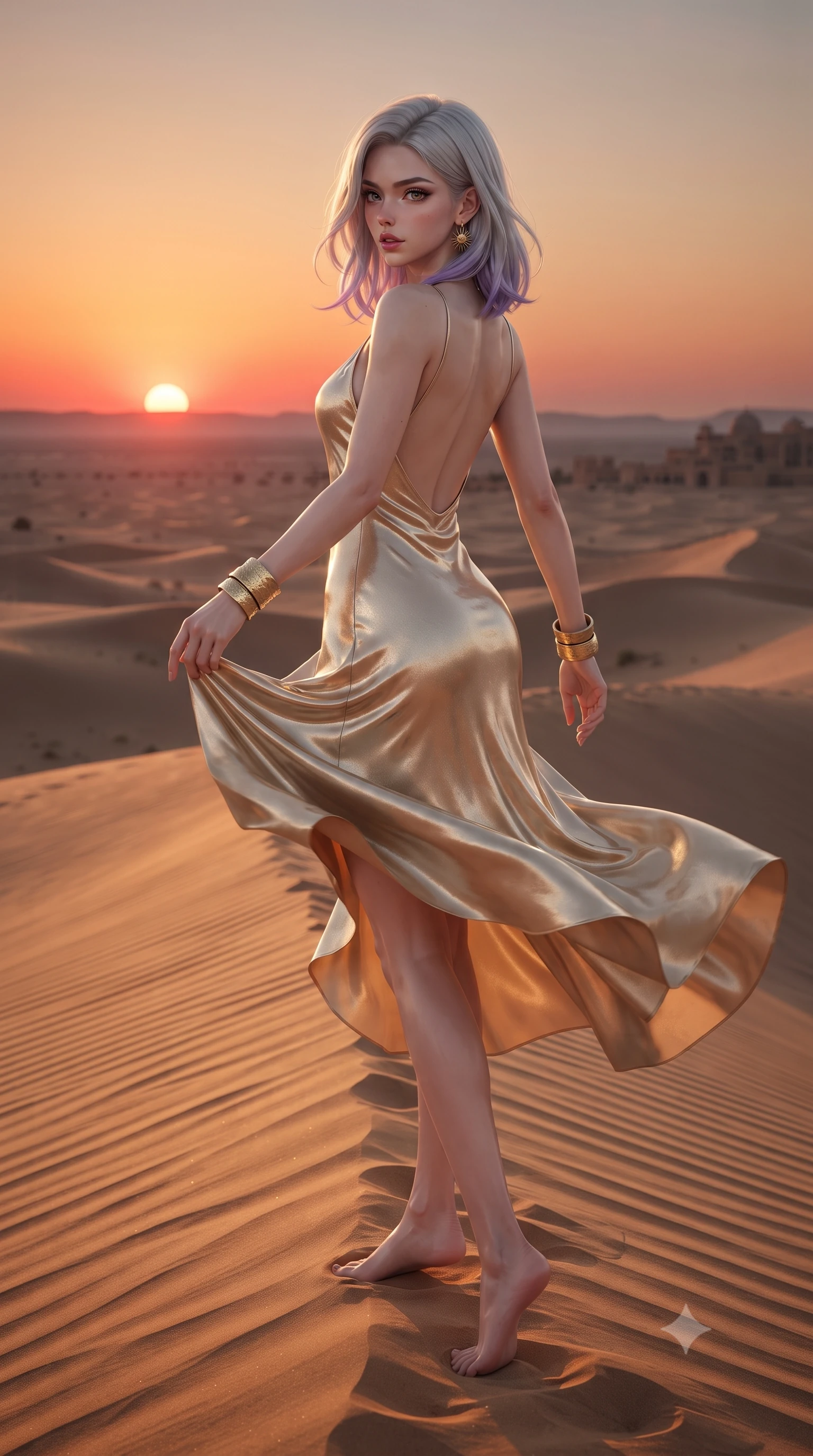 score_9, masterpiece, best quality, ultra-detailed, high-budget anime keyframe, editorial fashion photography, tasteful artistic composition, Caucasian woman. low angle full-body shot from head to toe showing her feet, filling the entire 9:16 vertical frame with her statuesque presence, stretching her vertical silhouette. executing an elegant mid-motion pivot turn as garments swirl around her slender limbs, glancing over her shoulder with an intoxicating bedroom-gaze while striding along the ridge of the desert sands, hips swaying in an alluring kinetic rhythm as the crimson sun sinks beneath the horizon. The surrounding environment is rendered in vivid detail and crisp panoramic clarity. sharp wind-carved sand ripples, mirrored palace reflection caustics, and sandstone masonry in deep focus. She has an absolutely perfect, statuesque 8.5-heads proportion, an exceptionally tall and slender model-like female figure with impossibly long slender legs, a toned flat midriff, an ultra-slim waist, and beautifully sculpted feminine hips. sharp v-shaped jawline, high-bridge nose, intricate jewel-like eyes with depth, thick eyelashes, glossy parted lips with a natural sheen, intensely captivating and seductive bedroom-eyes expression, flawlessly proportioned anatomical accuracy, strict slender model proportions, natural body alignment, perfectly sculpted long slender limbs, ultra-slim waistline, clean dynamic posture without body distortion. wearing an open-back gold lamé slip dress adhering like liquid metal to her slender waist and curvy hips in radiant champagne and shimmering gold dust, crafted from breathable crinkled linen with organic desert dye, complemented by chunky hammered brass bangles and delicate sunburst earrings, the glove-like aerodynamic silhouette tightly following the natural contour of her hips and long slender legs with statuesque precision. surrounded by an exotic, sovereign, and breathlessly captivating desert mirage queen aura. ultra-reflective glossy finish, specular highlights, rich textural contrasts, high-contrast stereoscopic depth, volumetric dynamic lighting, 2k, ultra detail, master piece, 9:16 ratio