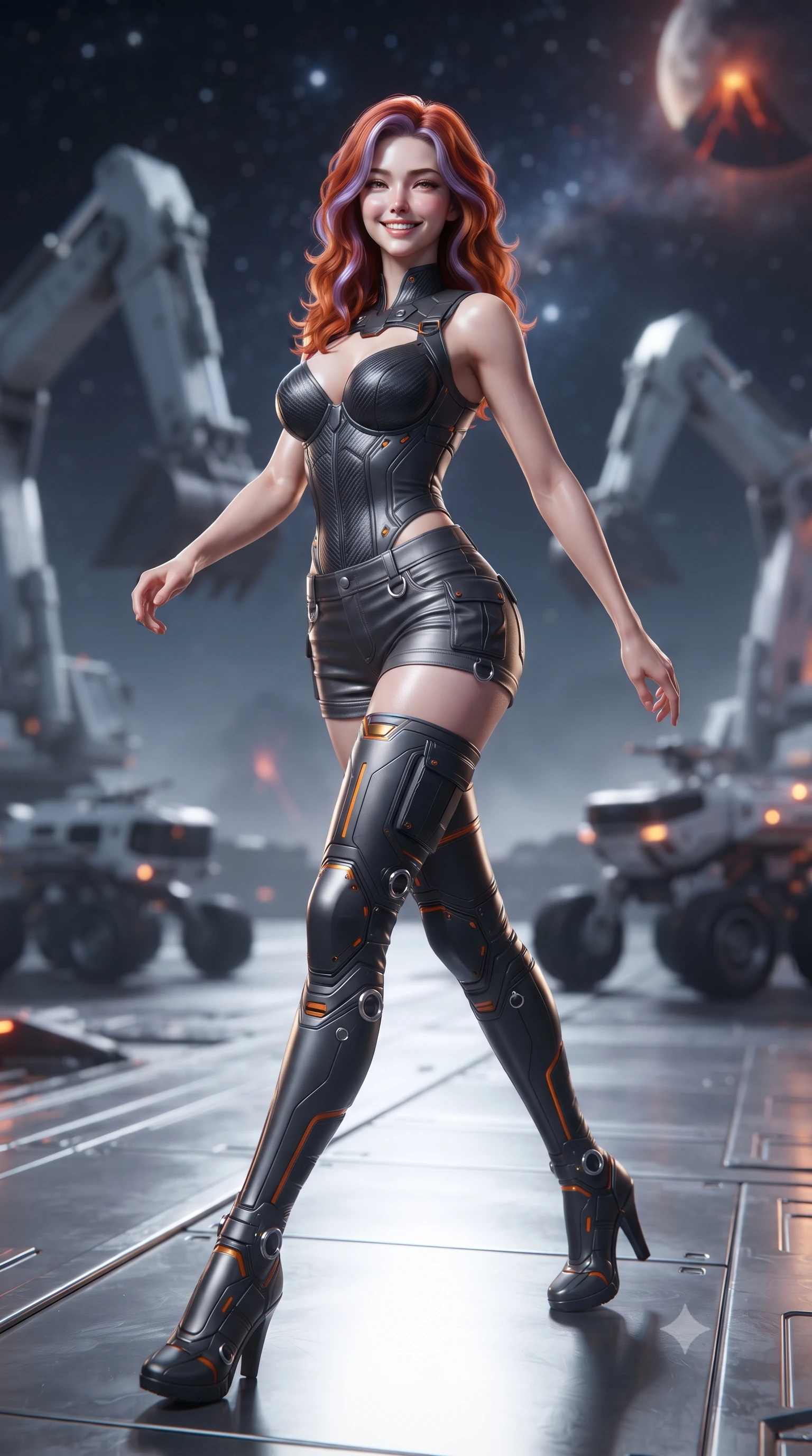 score_9, masterpiece, best quality, ultra-detailed, high-budget anime keyframe, editorial fashion photography, tasteful artistic composition, Caucasian woman. low angle full-body shot from head to toe showing her feet, filling the entire 9:16 vertical frame with her statuesque presence, stretching her vertical silhouette. striding forward gracefully across the reflective metal deck in mid-motion with a radiant beaming smile, hips swaying in an alluring kinetic rhythm that accentuates her curvy hourglass silhouette and long slender legs while twisting her slender torso in an alluring S-curve, cosmic starlight and volcanic moon glows highlighting her narrow waist and curvy hips. The background shows a soft-focus towering robotic excavator arms and automated transport rovers softened in off-world mining shallow focus. She has an absolutely perfect, statuesque 8.5-heads proportion, an exceptionally tall and slender model-like female figure with impossibly long slender legs, an ultra-slim waist, a flat toned midriff, narrow delicate ribcage, and beautifully sculpted feminine hips creating a graceful, slim hourglass silhouette without any bulky heaviness. sharp v-shaped jawline, high-bridge nose, intricate jewel-like sparkling eyes with depth, thick eyelashes, glossy parted lips with a natural sheen, bright confident smile with an enchanting and coquettish sensual glint, exuding both youthful magnetic charm and sovereign high-tech allure, flawlessly proportioned anatomical accuracy, strict slender model proportions, natural body alignment, perfectly sculpted long slender limbs, ultra-slim waistline, clean dynamic posture without body distortion. wearing a sculpted carbon-fiber bustier armor top paired with ultra-tight tactical cargo shorts and thigh-high armored boots in stealth charcoal slate and molten laser orange, tailored from brushed aeronautical titanium alloy with matte satin sheen, finished with sharp laser-cut side ventilation slits framed by silver hardware rings, the aerodynamic second-skin silhouette tightly following the natural contour of her hips and long slender legs with youthful 8.5-heads elegance. illuminated by ground reflections and sharp platinum rim lights defining her slim torso, narrow waist, and curvy hips. ultra-reflective glossy finish, specular highlights, rich textural contrasts, high-contrast stereoscopic depth, volumetric dynamic lighting, 2k, ultra detail, master piece, 9:16 ratio