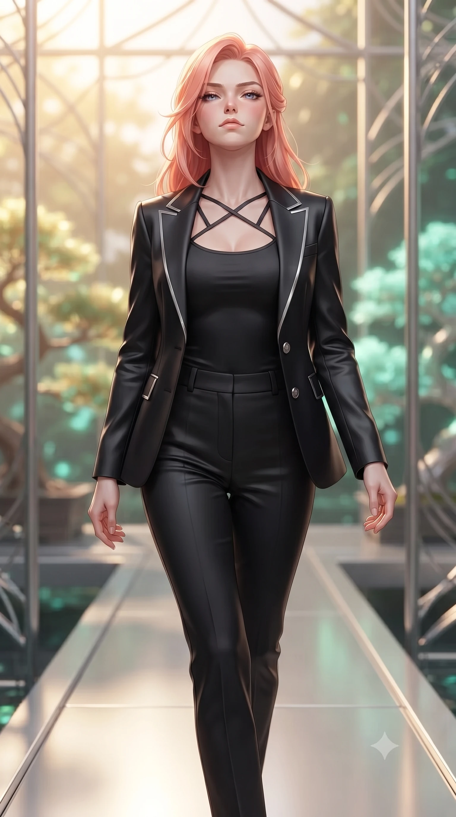 score_9, masterpiece, best quality, ultra-detailed, high-budget anime keyframe, editorial fashion photography, tasteful artistic composition, Japanese woman. close-up cowboy shot from the waist and thighs up, the character dominates the composition, filling the frame with her large presence, background elements kept in soft focus. Tilting her chin up with an air of effortless superiority while balancing dynamically amidst the scene while walking along a platinum walkway in a quantum garden filled with glowing glass bonsai trees, sleek platinum wire lattices creating clean architectural line frames. She has an exceptionally elegant, slender, and willowy female figure with an ultra-slim waist, a gracefully sculpted slender torso, and a refined silhouette. sharp v-shaped jawline, high-bridge nose, intricate jewel-like eyes with depth, thick eyelashes, glossy lips with a natural sheen, flawlessly proportioned anatomical accuracy, natural body alignment, perfectly sculpted elegant limbs, clean dynamic posture without body distortion. wearing a tailored silk blazer over a form-contouring scoop-neck top and slacks in matte black and polished silver, crafted from smooth liquid silk, complemented by criss-cross back straps highlighting her bare shoulders, the elegant draped fit framing her graceful clavicle and slender torso. bathed in warm golden sunlight and soft emerald bioluminescent glow. ultra-reflective glossy finish, specular highlights, metallic sheen, high-contrast stereoscopic depth, volumetric dynamic lighting, 2k, ultra detail, master piece, 9:16 ratio