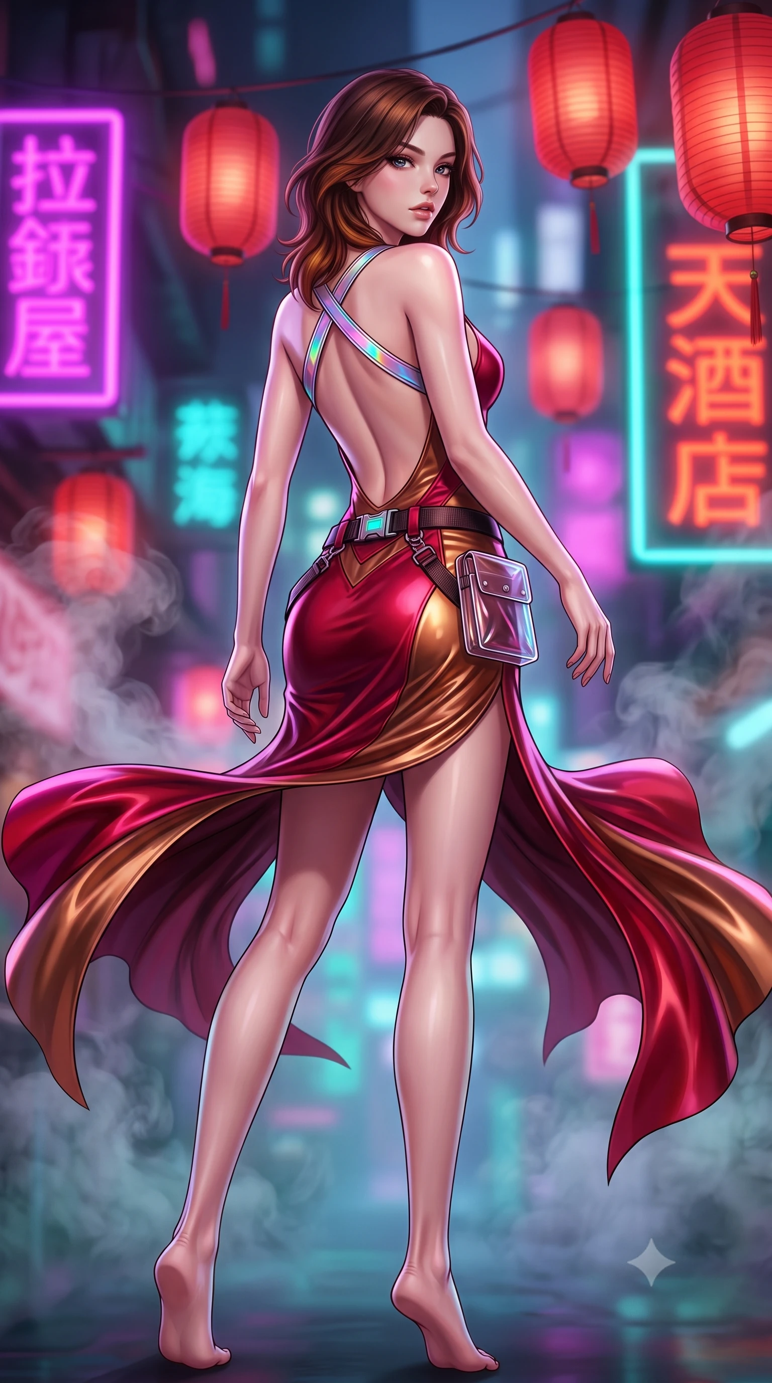 score_9, masterpiece, best quality, ultra-detailed, high-budget anime keyframe, semi-realistic 3D game render, editorial fashion photography, tasteful artistic composition, Korean woman. low angle full-body shot from head to toe showing her feet, filling the entire 9:16 vertical frame with her statuesque presence, stretching her vertical silhouette. executing an elegant mid-motion pivot turn as garments swirl around her slender limbs, glancing over her shoulder with an intoxicating bedroom-gaze while standing poised beneath hanging crimson paper lanterns, twisting her slender torso in an alluring S-curve while looking down at the neon-lit alley below. The composition keeps background elements in soft focus with creamy bokeh. swirling tea steam vapors and glowing neon kanji signs blurred into electric magenta, turquoise, and lantern-scarlet bokeh. She has an absolutely perfect, statuesque 8.5-heads proportion, an exceptionally tall and slender model-like female figure with impossibly long slender legs, a toned flat midriff, an ultra-slim waist, and beautifully sculpted feminine hips. sharp v-shaped jawline, high-bridge nose, intricate jewel-like eyes with depth, thick eyelashes, glossy parted lips with a natural sheen, intensely captivating and seductive bedroom-eyes expression, flawlessly proportioned anatomical accuracy, strict slender model proportions, natural body alignment, perfectly sculpted long slender limbs, ultra-slim waistline, clean dynamic posture without body distortion. wearing a daring open-back neon party dress with crossed holographic straps and bodycon fit in rich crimson silk and liquid bronze, crafted from flexible reflective spandex and tactical webbing, finished with a neon LED belt buckle and translucent vinyl tool pouch, the dramatically scooped open back descending to the base of her spine, accentuating her razor-sharp statuesque lines and curvy hourglass silhouette. surrounded by an enigmatic, sultry, and breathtakingly hypnotic cyber-femme fatale aura. highly saturated vibrant anime colors, detailed shading with soft gradients, rich glossy textures, high-contrast stereoscopic depth, volumetric dynamic lighting, master piece, 9:16 ratio