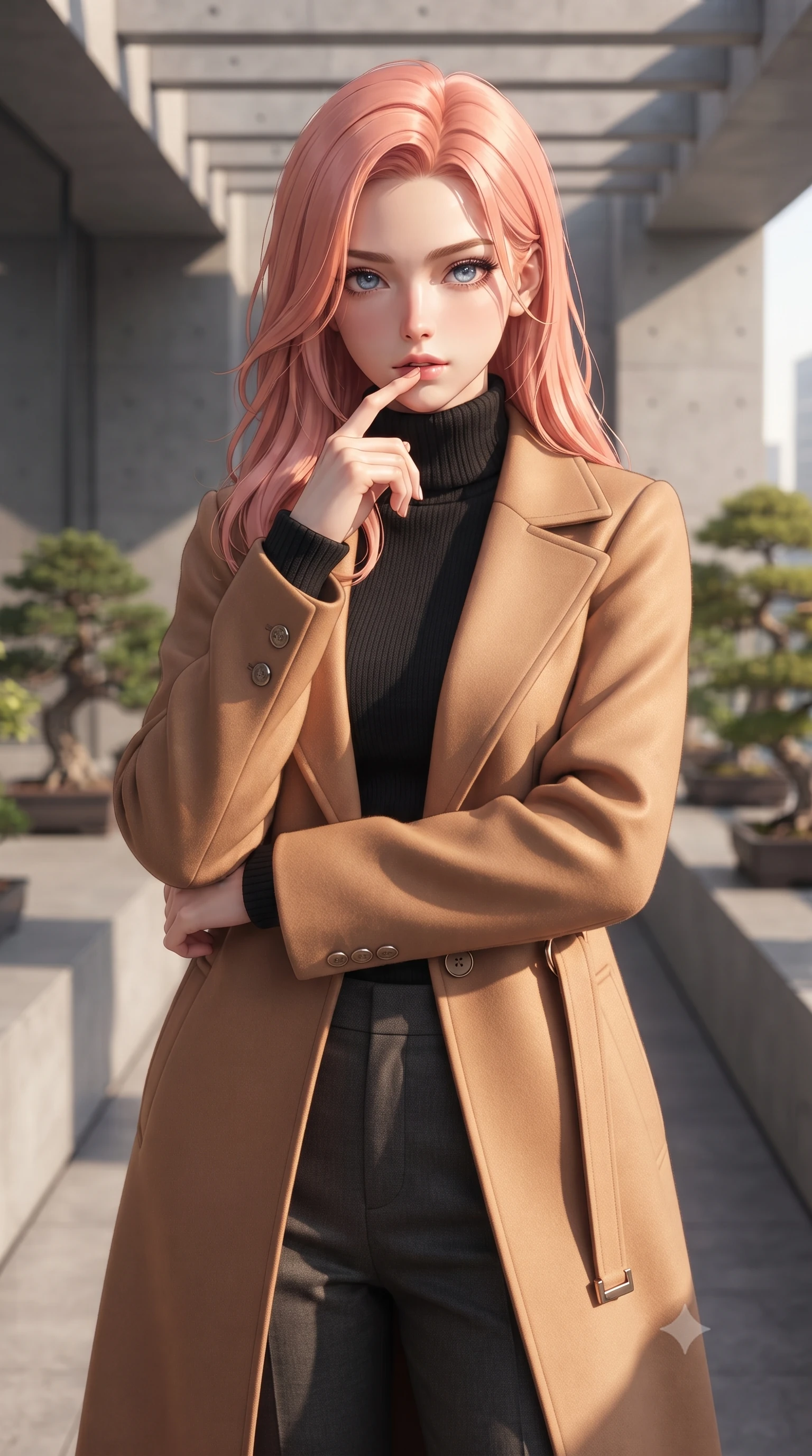 score_9, masterpiece, best quality, ultra-detailed, high-budget anime keyframe, editorial fashion photography, tasteful artistic composition, Japanese woman. close-up cowboy shot from the waist and thighs up, the character dominates the composition, filling the frame with her large presence, background elements kept in soft focus. pressing one finger to her bottom lip in a thoughtful, seductive gesture under the warm sun the background shows a soft-focus a modern rail observation deck with minimalist concrete details and bonsai plants. She has an exceptionally elegant, slender, and willowy female figure with an ultra-slim waist, a gracefully sculpted slender torso, and a refined silhouette. sharp v-shaped jawline, high-bridge nose, intricate jewel-like eyes with depth, thick eyelashes, glossy lips with a natural sheen. wearing a form-contouring warm camel-colored wrap coat over a black turtleneck sweater and charcoal slacks. sharp afternoon sunbeams casting clean, structured shadows across her pose. ultra-reflective glossy finish, specular highlights, metallic sheen, high-contrast stereoscopic depth, volumetric dynamic lighting, 2k, ultra detail, master piece, 9:16 ratio