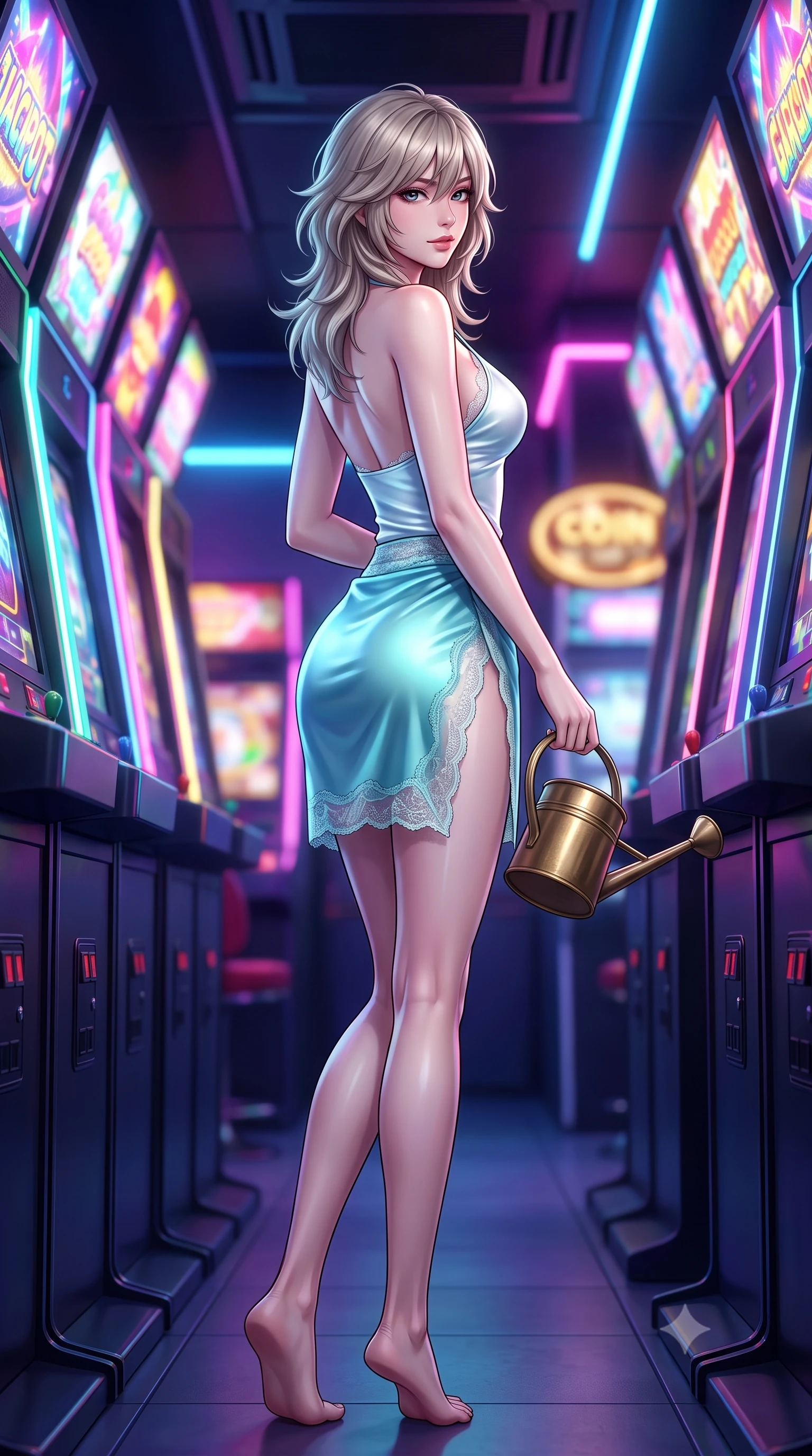 score_9, masterpiece, best quality, ultra-detailed, high-budget anime keyframe, semi-realistic 3D game render, editorial fashion photography, tasteful artistic composition, Japanese woman. low angle full-body shot from head to toe showing her feet, filling the entire 9:16 vertical frame with her statuesque presence, stretching her vertical silhouette. executing a slow, graceful pivot turn as her skirt sways around her slender legs, glancing back with an enchanting, teasing sensual expression while standing poised in the narrow neon gaming corridor, arching her spine as jackpot strobe lights flash across her curves. The background shows a soft-focus coin tray glows softened in dynamic arcade shallow focus. She has an absolutely perfect, statuesque 8.5-heads proportion, an exceptionally tall and slender model-like female figure with impossibly long slender legs, an ultra-slim waist, a flat toned midriff, narrow delicate ribcage, and beautifully sculpted feminine hips creating a graceful, slim hourglass silhouette without any bulky heaviness. sharp v-shaped jawline, high-bridge nose, sparkling eyes with hypnotic seductive depth, thick curled eyelashes, glossy parted lips with a natural dewy peach sheen, alluring bedroom-eyes with an enchanting coquettish smile, exuding magnetic siren charisma and sophisticated glamour, flawlessly proportioned anatomical accuracy, strict slender model proportions, natural body alignment, perfectly sculpted long slender limbs, ultra-slim waistline, clean dynamic posture without body distortion. wearing a liquid-tight halterneck silk camisole paired with a curve-hugging wrap sarong mini skirt with high side slit in celestial water-lily white and shimmering aquamarine, made of delicate semi-sheer French Chantilly lace with intricate eyelash edges, finished with an antique brass watering can held casually at her side, the form-contouring silhouette accentuating her sculpted flat midriff, narrow delicate ribcage, and gracefully curvy hips with intoxicating allure. bathed in rapid rhythmic multi-color neon pulses spilling from dozens of gaming machines. highly saturated vibrant anime colors, detailed shading with soft gradients, rich glossy textures, high-contrast stereoscopic depth, volumetric dynamic lighting, master piece, 9:16 ratio