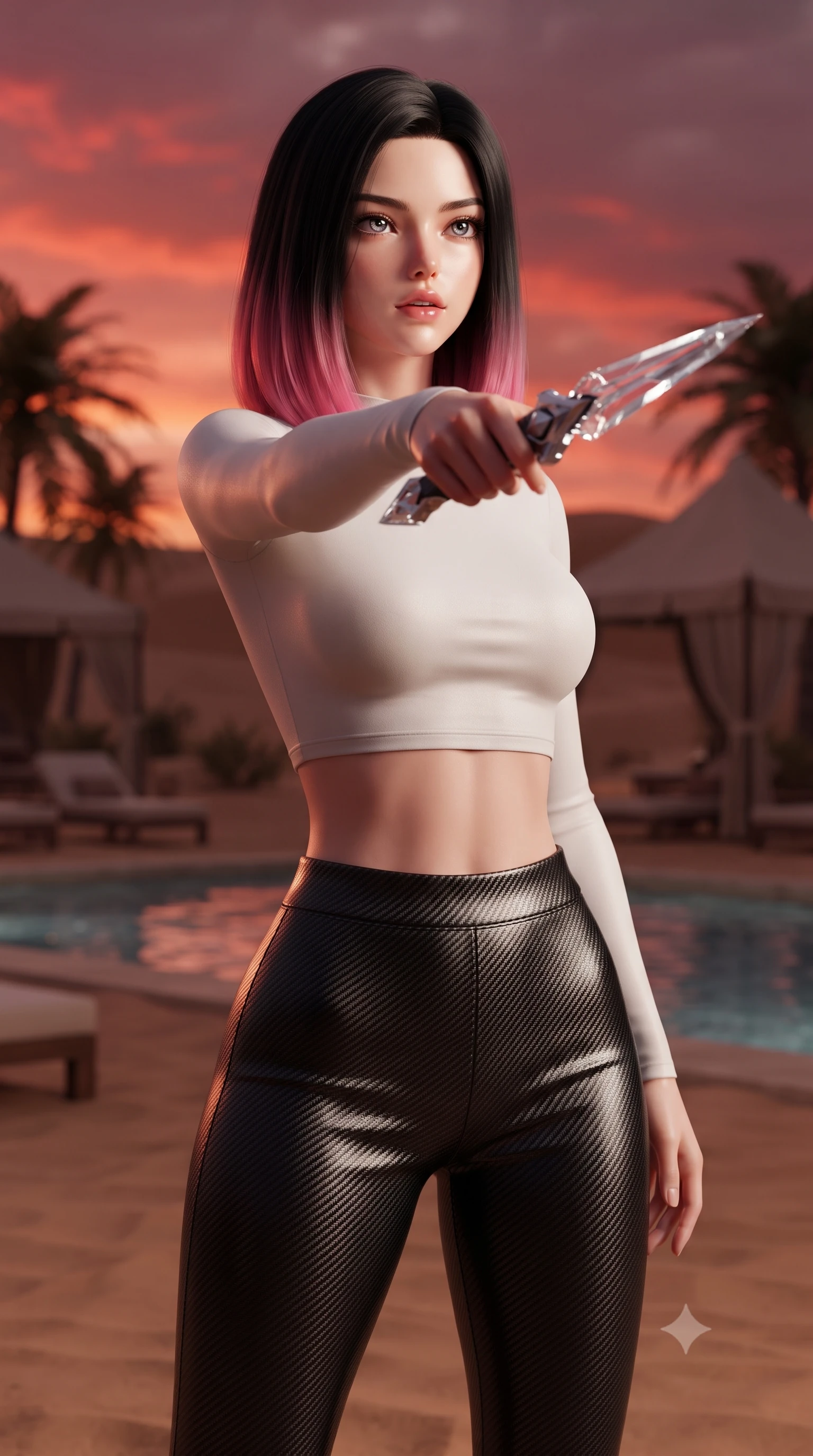 score_9, masterpiece, best quality, ultra-detailed, high-budget anime keyframe, editorial fashion photography, tasteful artistic composition, Korean woman. close-up cowboy shot from the waist and thighs up, the character dominates the composition, filling the frame with her large presence, background elements kept in soft focus. pointing a crystal-edged laser dagger forward in a defensive stance, tilting her chin up slightly with lips parted in a composed pose, the background shows a soft-focus a luxury desert resort pool deck with palm trees and canvas tents at dusk. She has an exceptionally elegant, slender, and willowy female figure with an ultra-slim waist, a gracefully sculpted slender torso, and a refined silhouette. sharp v-shaped jawline, high-bridge nose, intricate jewel-like eyes with depth, thick eyelashes, glossy lips with a natural sheen. wearing a body-hugging body-hugging long-sleeve tactical crop top in pure white, paired with high-waisted black carbon-weave skinny pants. the warm red and orange sunset sky casting a dramatic glow over the sands. ultra-reflective glossy finish, specular highlights, metallic sheen, high-contrast stereoscopic depth, volumetric dynamic lighting, 2k, ultra detail, master piece, 9:16 ratio