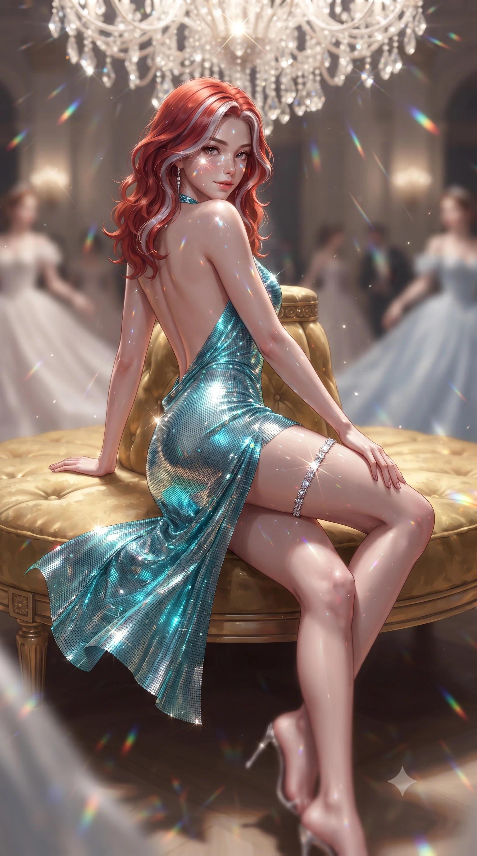 score_9, masterpiece, best quality, ultra-detailed, high-budget anime keyframe, editorial fashion photography, tasteful artistic composition, Caucasian woman. low angle full-body shot from head to toe showing her feet, filling the entire 9:16 vertical frame with her statuesque presence, stretching her vertical silhouette. executing a slow, graceful pivot turn as her skirt sways around her slender legs, glancing back with an enchanting, teasing sensual expression while lounging gracefully on the circular gilded velvet banquette propped on one elbow, her statuesque 8.5-heads silhouette commanding the imperial ballroom. The background shows a soft-focus swirling silk ballgowns softened in romantic Viennese midnight waltz shallow focus. She has an absolutely perfect, statuesque 8.5-heads proportion, an exceptionally tall and slender model-like female figure with impossibly long slender legs, an ultra-slim waist, a flat toned midriff, narrow delicate ribcage, and beautifully sculpted feminine hips creating a graceful, slim hourglass silhouette without any bulky heaviness. sharp v-shaped jawline, high-bridge nose, sparkling eyes with hypnotic seductive depth, thick curled eyelashes, glossy parted lips with a natural dewy peach sheen, alluring bedroom-eyes with an enchanting coquettish smile, exuding magnetic siren charisma and sophisticated glamour, flawlessly proportioned anatomical accuracy, strict slender model proportions, natural body alignment, perfectly sculpted long slender limbs, ultra-slim waistline, clean dynamic posture without body distortion. wearing a backless halterneck column mini dress in shimmering liquid vinyl clinging like a second skin in bioluminescent neon teal and starlight silver, crafted from shimmering fluid chainmail mesh reflecting ambient lights, finished with delicate crystal-encrusted thigh garter straps glinting in the dim light, the glove-like clinging cut tightly following the natural contour of her hips and long slender legs with youthful 8.5-heads elegance. bathed in brilliant multi-directional crystal chandelier illumination creating sparkling prism highlights across the room. ultra-reflective glossy finish, specular highlights, rich textural contrasts, high-contrast stereoscopic depth, volumetric dynamic lighting, 2k, ultra detail, master piece, 9:16 ratio