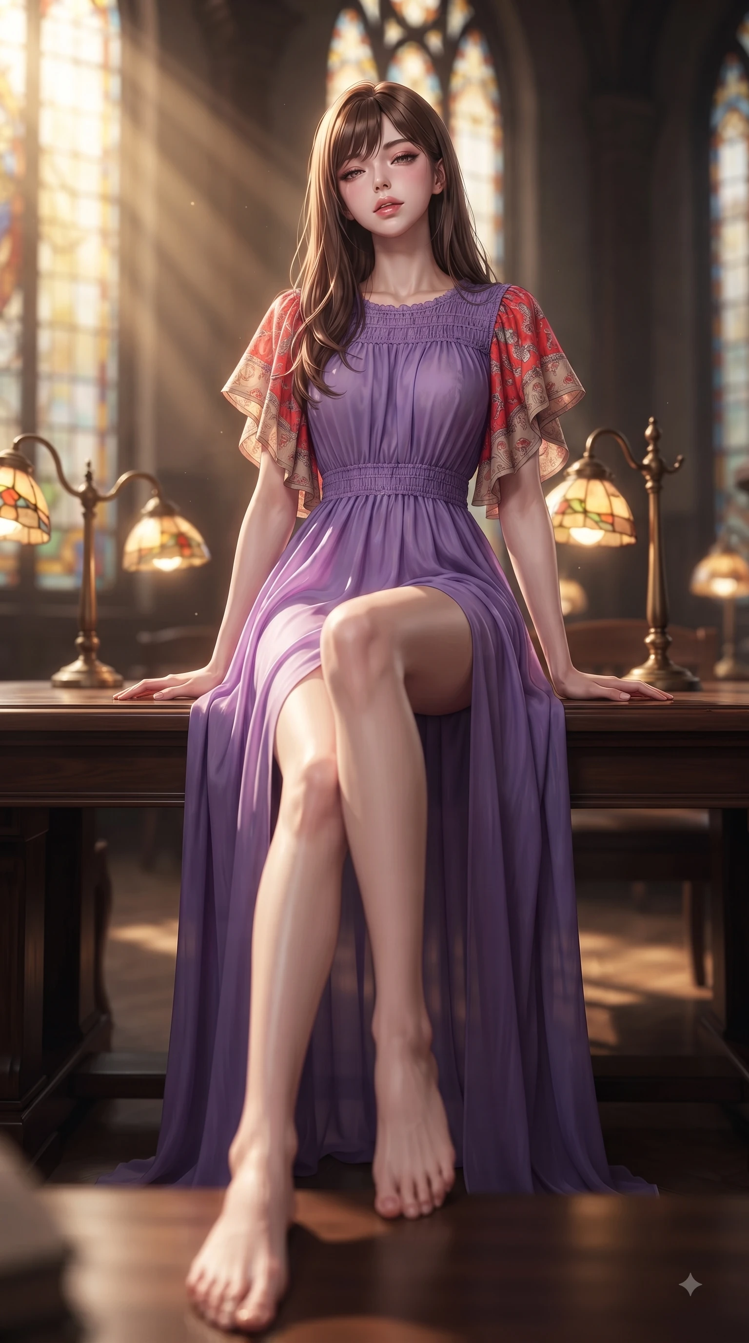 score_9, masterpiece, best quality, ultra-detailed, high-budget anime keyframe, editorial fashion photography, tasteful artistic composition, Korean woman. low angle full-body shot from head to toe showing her feet, filling the entire 9:16 vertical frame with her statuesque presence, stretching her vertical silhouette. Sensual alluring expression with smoldering intensity, half-closed bedroom eyes, and softly parted glossy lips while sitting at a long wooden study table under tall stained glass windows in golden sunbeams. The composition keeps background elements in soft focus with dreamy bokeh. stained glass windows and glowing desk lamps softened in quiet, atmospheric focus. She has an absolutely perfect, statuesque 8.5-heads proportion, an exceptionally tall and slender model-like female figure with impossibly long slender legs and an ultra-slim waist. sharp v-shaped jawline, high-bridge nose, intricate jewel-like eyes with depth, thick eyelashes, glossy lips with a natural sheen, flawlessly proportioned anatomical accuracy, natural body alignment, perfectly sculpted elegant limbs, clean dynamic posture without body distortion. wearing a vivid violet chiffon gown with delicate smocked details and flutter sleeves in vibrant coral red and soft beige, crafted from soft breathable Italian linen, finished with a sleek side slit ascending to mid-thigh, the chic fashion cut framing her graceful clavicle and slender torso. surrounded by an intelligent, noble, and classic editorial atmosphere. ultra-reflective glossy finish, specular highlights, metallic sheen, high-contrast stereoscopic depth, volumetric dynamic lighting, 2k, ultra detail, master piece, 9:16 ratio