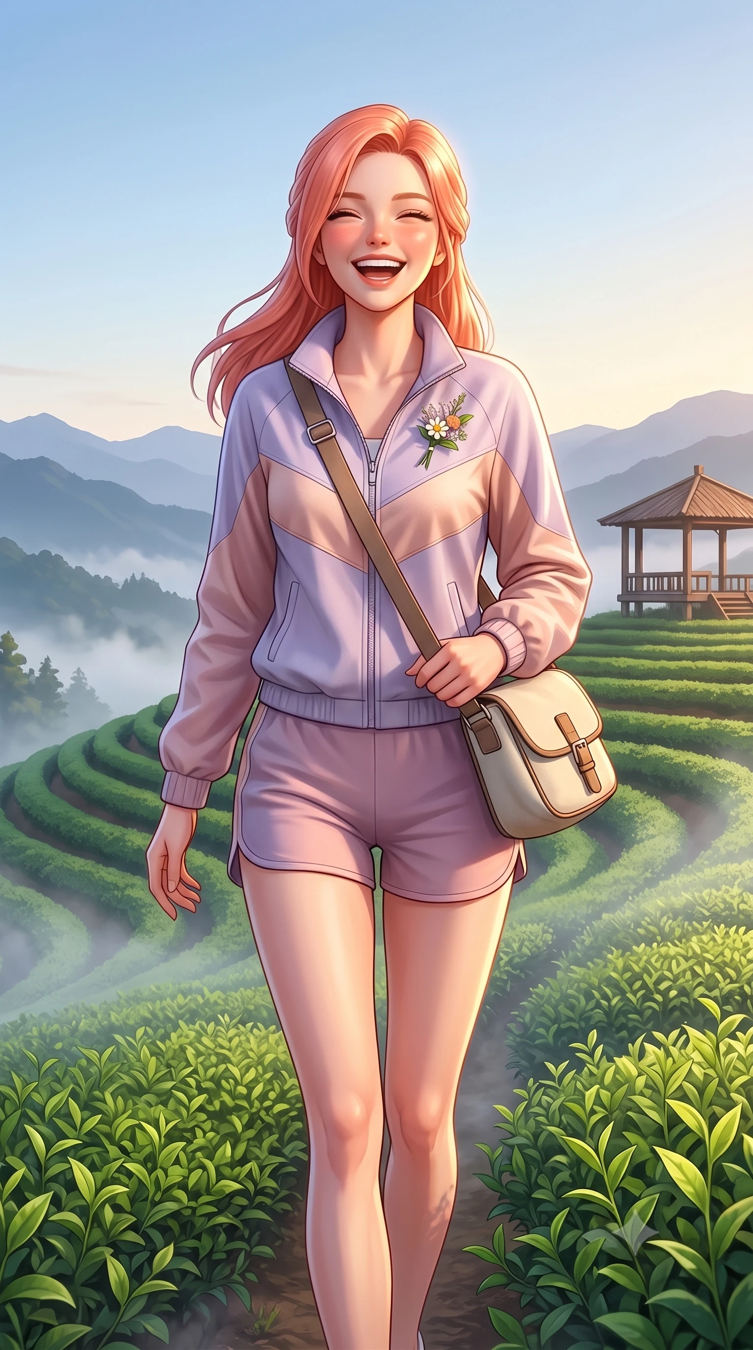 score_9, masterpiece, best quality, ultra-detailed, high-budget anime keyframe, semi-realistic 3D game render, editorial fashion photography, tasteful artistic composition, Japanese woman. close-up cowboy shot from the waist and thighs up, the character dominates the composition, filling the frame with her large presence. laughing cheerfully with genuine delight, eyes crinkling sweetly as natural golden sunlight illuminates her glowing cheeks while walking gracefully along terraced emerald green tea rows as gentle morning mist swirls around her steps. The surrounding environment is rendered in vivid detail and crisp panoramic clarity. layered mountain silhouettes, rustic wooden gazebo details, and clear dawn skies in panoramic clarity. She has an exceptionally elegant, slender, and willowy female figure with an ultra-slim waist, a gracefully sculpted slender torso, toned flat midriff, and a refined slim silhouette. sharp v-shaped jawline, high-bridge nose, intricate jewel-like eyes with depth, thick eyelashes, glossy lips with a natural sheen, pure and lovely fresh girlhood expression, flawlessly proportioned anatomical accuracy, strict slender model proportions, natural body alignment, perfectly sculpted long slender limbs, ultra-slim waistline, clean dynamic posture without body distortion. wearing a cute sporty pastel windbreaker paired with high-waisted active shorts and a canvas crossbody bag in subtle lilac violet and soft rose gold, tailored from soft pastel lightweight wool blend with subtle texture, complemented by a delicate wildflower corsage pinned to the lapel, the relaxed yet flattering fit accentuating her naturally graceful and slender figure, highlighting her youthful charm and lovely silhouette. surrounded by a peaceful, pristine, and deeply refreshing morning goddess aura. highly saturated vibrant anime colors, detailed shading with soft gradients, rich glossy textures, high-contrast stereoscopic depth, volumetric dynamic lighting, master piece, 9:16 ratio