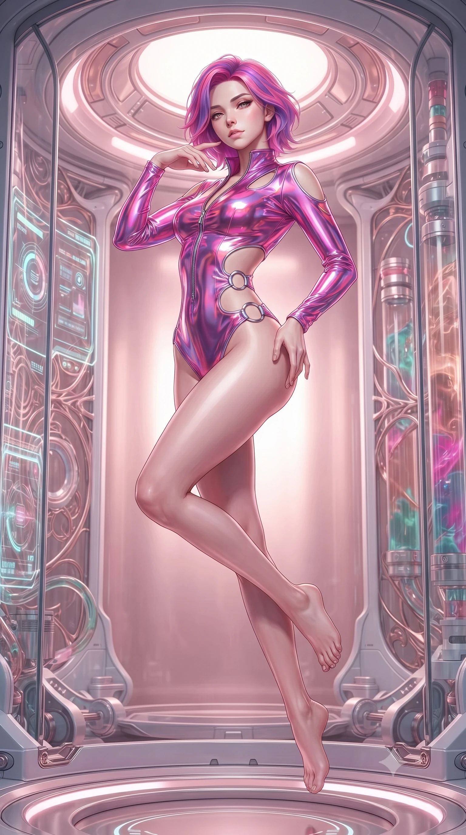 score_9, masterpiece, best quality, ultra-detailed, high-budget anime keyframe, editorial fashion photography, tasteful artistic composition, Caucasian woman. low angle full-body shot from head to toe showing her feet, filling the entire 9:16 vertical frame with her statuesque presence, stretching her vertical silhouette. pivoting dynamically in mid-motion with a breathtakingly alluring posture, displaying her flawless model proportions and ultra-slim waist while floating in zero-gravity inside a medical stasis cylinder with a serene yet dangerously alluring gaze. The surrounding environment is rendered in vivid detail and crisp panoramic clarity. pristine futuristic bio-technology architecture captured with environmental sharpness. She has an absolutely perfect, statuesque 8.5-heads proportion, an exceptionally tall and slender model-like female figure with impossibly long slender legs and an ultra-slim waist. sharp v-shaped jawline, high-bridge nose, intricate jewel-like eyes with depth, thick eyelashes, glossy lips with a natural sheen, flawlessly proportioned anatomical accuracy, natural body alignment, perfectly sculpted elegant limbs, clean dynamic posture without body distortion. wearing a form-fitting top made of molten liquid-mercury fabric that clings to her curves, with strategic tear-drop shoulder cutouts and a dangerously unzipped front collar in chromatic platinum and blazing neon magenta, crafted from ultra-reflective second-skin latex with a glass-like polish, detailed with polished silver rings connecting the daring side-waist cutouts, the liquid-tight fabric adhering flawlessly to her sculpted torso and slender silhouette. bathed in soft glowing pink and rose-gold nano-fluid backlighting with clean studio key lights. ultra-reflective glossy finish, specular highlights, metallic sheen, high-contrast stereoscopic depth, volumetric dynamic lighting, 2k, ultra detail, master piece, 9:16 ratio