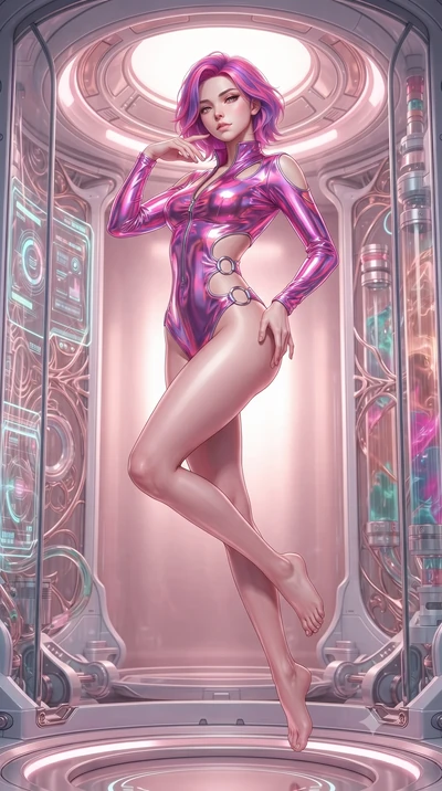 score_9, masterpiece, best quality, ultra-detailed, high-budget anime keyframe, editorial fashion photography, tasteful artistic composition, Caucasian woman. low angle full-body shot from head to toe showing her feet, filling the entire 9:16 vertica