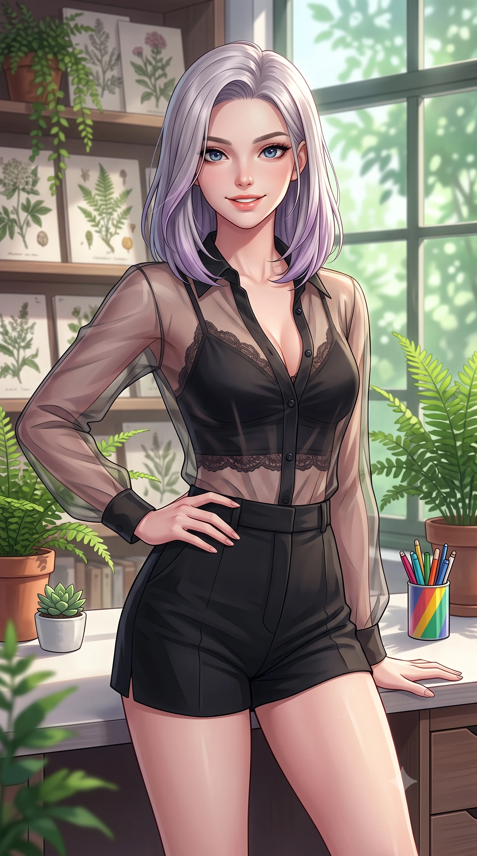 score_9, masterpiece, best quality, ultra-detailed, high-budget anime keyframe, editorial fashion photography, tasteful artistic composition, Caucasian woman. close-up cowboy shot from the waist and thighs up, the character dominates the composition, filling the frame with her large presence, background elements kept in soft focus. smiling with cute and bright self-assurance, looking directly at the viewer set against a soft-focus background of at a study desk in a botanical library filled with botanical drawings and potted ferns with a tiny succulent pot and a colorful cup of pens on the desk. She has an exceptionally elegant, slender, and willowy female figure with an ultra-slim waist, a gracefully sculpted slender torso, and a refined silhouette. sharp v-shaped jawline, high-bridge nose, intricate jewel-like eyes with depth, thick eyelashes, glossy lips with a natural sheen. wearing body-hugging sheer organza button-up shirt worn over a lace-accented crop top and high-waist mini shorts. soft afternoon daylight filtered through green leaves outside the window. highly saturated vibrant anime colors, detailed shading with soft gradients, rich glossy textures, high-contrast stereoscopic depth, volumetric dynamic lighting, master piece, 9:16 ratio