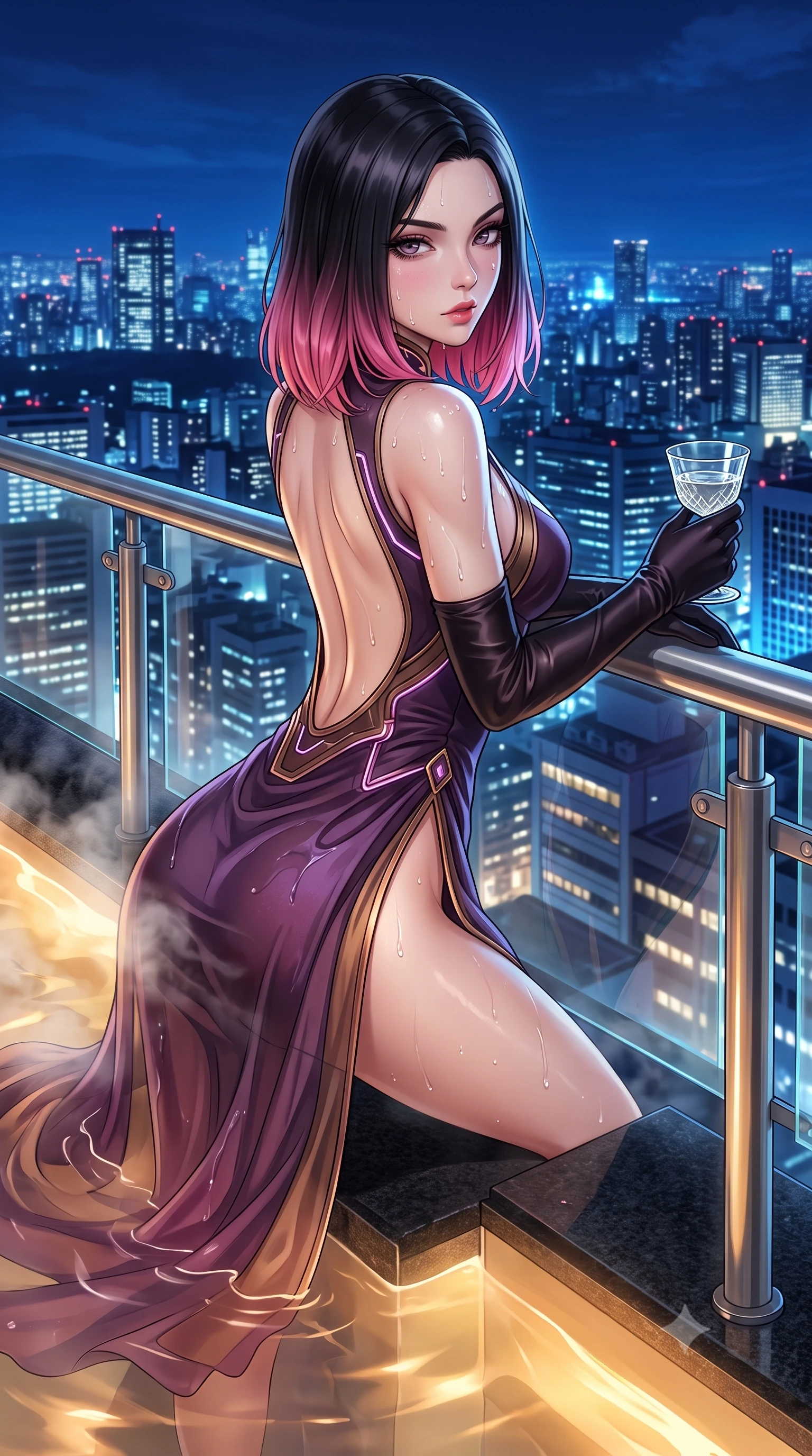 score_9, masterpiece, best quality, ultra-detailed, high-budget anime keyframe, semi-realistic 3D game render, editorial fashion photography, tasteful artistic composition, Korean woman. close-up cowboy shot from the waist and thighs up, the character dominates the composition, filling the frame with her large presence. leaning forward against the polished railing with her hips cocked back, creating an intoxicating curve from her narrow waist to sculpted hips as she gazes back into the lens while sitting on the black granite submerged ledge of the rooftop infinity onsen, steam curling around her curved hips as she gazes out at the glittering Tokyo megalopolis. The surrounding environment is rendered in vivid detail and crisp panoramic clarity. detailed wet fabric drape, glistening skin beads, and Tokyo skyline grid clarity in high resolution. She has an exceptionally elegant, slender, and willowy female figure with an ultra-slim waist, flat toned midriff, narrow ribcage, and sculpted feminine hips creating an alluring, slim hourglass silhouette without bulk. sharp v-shaped jawline, high-bridge nose, intricate jewel-like eyes with depth, thick eyelashes, glossy parted lips with a natural sheen, intensely captivating and seductive bedroom-eyes expression, flawlessly proportioned anatomical accuracy, strict slender model proportions, natural body alignment, perfectly sculpted long slender limbs, ultra-slim waistline, clean dynamic posture without body distortion. wearing a modernized cyber-qipao mini dress with an ultra-high side slit ascending to the hip and glowing piping in deep plum violet and antique bronze, woven from layered gossamer chiffon with a weightless sweeping drape, accessorized with opera-length satin gloves and a vintage crystal glass, the dramatically scooped open back descending to the base of her spine, accentuating her razor-sharp statuesque lines and slim hourglass silhouette. bathed in warm submerged amber pool lights contrasting with cool midnight blue metropolitan skylight. highly saturated vibrant anime colors, detailed shading with soft gradients, rich glossy textures, high-contrast stereoscopic depth, volumetric dynamic lighting, master piece, 9:16 ratio