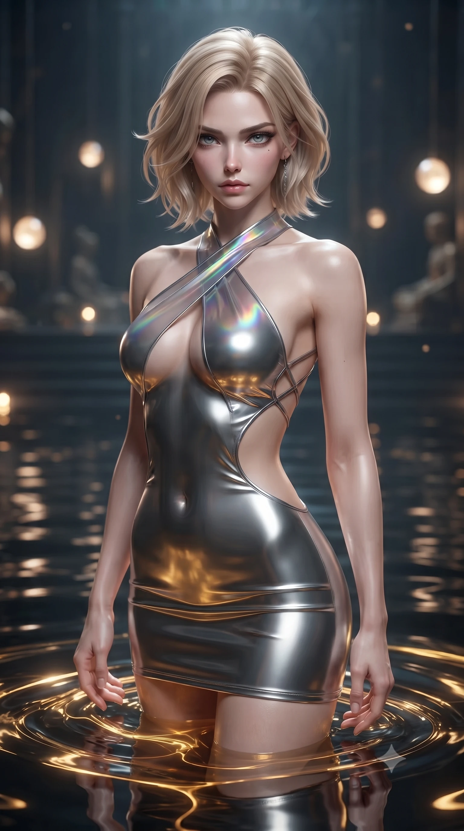 score_9, masterpiece, best quality, ultra-detailed, high-budget anime keyframe, editorial fashion photography, tasteful artistic composition, Caucasian woman. close-up cowboy shot from the waist and thighs up, the character dominates the composition, filling the frame with her large presence. gazing directly into the lens with bedroom eyes and a breathtaking, dangerous allure that commands the entire composition while partially submerged in a high-tech obsidian pool filled with glowing liquid gold. The composition keeps background elements in soft focus with creamy bokeh. distant cyber-temple altars and floating light orbs softened in deep atmospheric focus. She has an exceptionally elegant, slender, and willowy female figure with an ultra-slim waist, a gracefully sculpted slender torso, and a refined silhouette. sharp v-shaped jawline, high-bridge nose, intricate jewel-like eyes with depth, thick eyelashes, glossy lips with a natural sheen, flawlessly proportioned anatomical accuracy, natural body alignment, perfectly sculpted elegant limbs, clean dynamic posture without body distortion. wearing a molten silver liquid-metal mini dress featuring deep side-waist cutouts and a daring crossover halter neckline in translucent smoky quartz and iridescent holographic sheen, made of liquid metal jersey that clings flawlessly to every contour of her build, complemented by criss-cross back straps highlighting her completely bare spine, the daring cutouts accentuating her delicate midriff, graceful collarbones, and feminine contour. surrounded by a mysterious, opulent, and dangerously sensual sanctuary atmosphere. ultra-reflective glossy finish, specular highlights, metallic sheen, high-contrast stereoscopic depth, volumetric dynamic lighting, 2k, ultra detail, master piece, 9:16 ratio