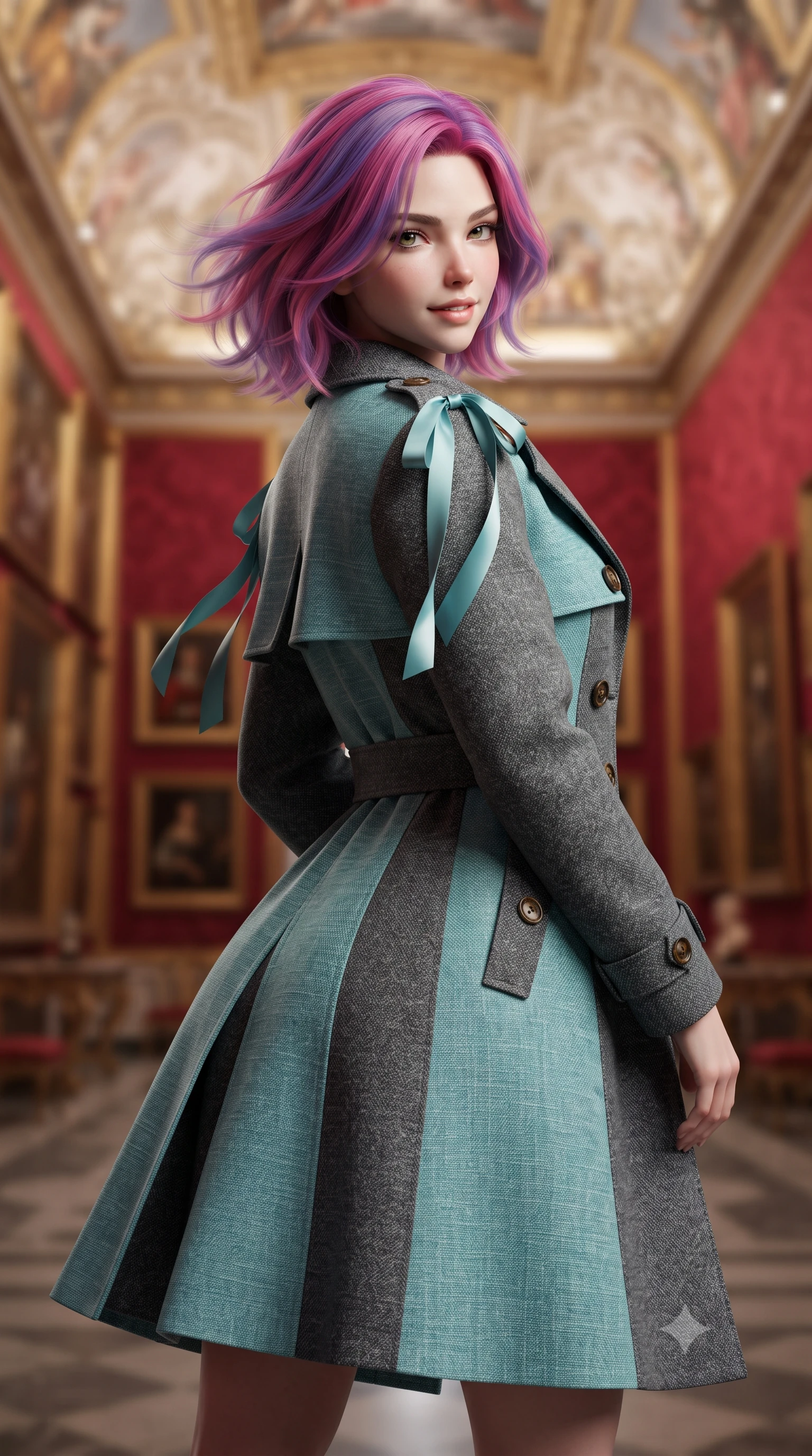 score_9, masterpiece, best quality, ultra-detailed, high-budget anime keyframe, editorial fashion photography, tasteful artistic composition, Caucasian woman. close-up cowboy shot from the waist and thighs up, the character dominates the composition, filling the frame with her large presence. turning slowly with an enchanting smoldering smile, her glossy hair tossing in the breeze as her hips angle gracefully in a captivating contrapposto while standing centered in the monumental royal gallery surrounded by deep crimson silk damask walls hung with heavy gold-framed Renaissance masterworks, arching her lower back with sovereign charisma. The background shows a soft-focus dense gallery walls of gilded Renaissance frames, painted Pietro da Cortona ceiling frescoes, and heavy crimson silk damask blurred into ruby, ivory, and gold bokeh. She has an exceptionally elegant, slender, and willowy female figure with an ultra-slim waist, flat toned midriff, narrow ribcage, and sculpted feminine hips creating an alluring, slim hourglass silhouette without bulk. sharp v-shaped jawline, high-bridge nose, intricate jewel-like sparkling eyes with depth, thick eyelashes, glossy parted lips with a natural peach sheen, bright cheerful beaming smile with an enchanting and coquettish sensual glint, exuding both youthful cute charm and seductive allure, flawlessly proportioned anatomical accuracy, strict slender model proportions, natural body alignment, perfectly sculpted long slender limbs, ultra-slim waistline, clean dynamic posture without body distortion. wearing a structured Cape Town coastal linen-tweed trench coat with tortoise buttons and storm flaps in Cape Town Atlantic aquamarine turquoise and raw granite charcoal, tailored from ultra-plush silk velvet with rich tactile depth and deep shadow gradients, finished with satin ribbon ties at the shoulders fluttering in the gentle breeze, the impeccably tailored cut draping gracefully along her slender figure with aristocratic poise. illuminated by marble floor reflection bounce and sharp rose-gold rim lights defining her dewy collarbones, ultra-slim waist, and curvy hips. ultra-reflective glossy finish, specular highlights, rich textural contrasts, high-contrast stereoscopic depth, volumetric dynamic lighting, 2k, ultra detail, master piece, 9:16 ratio