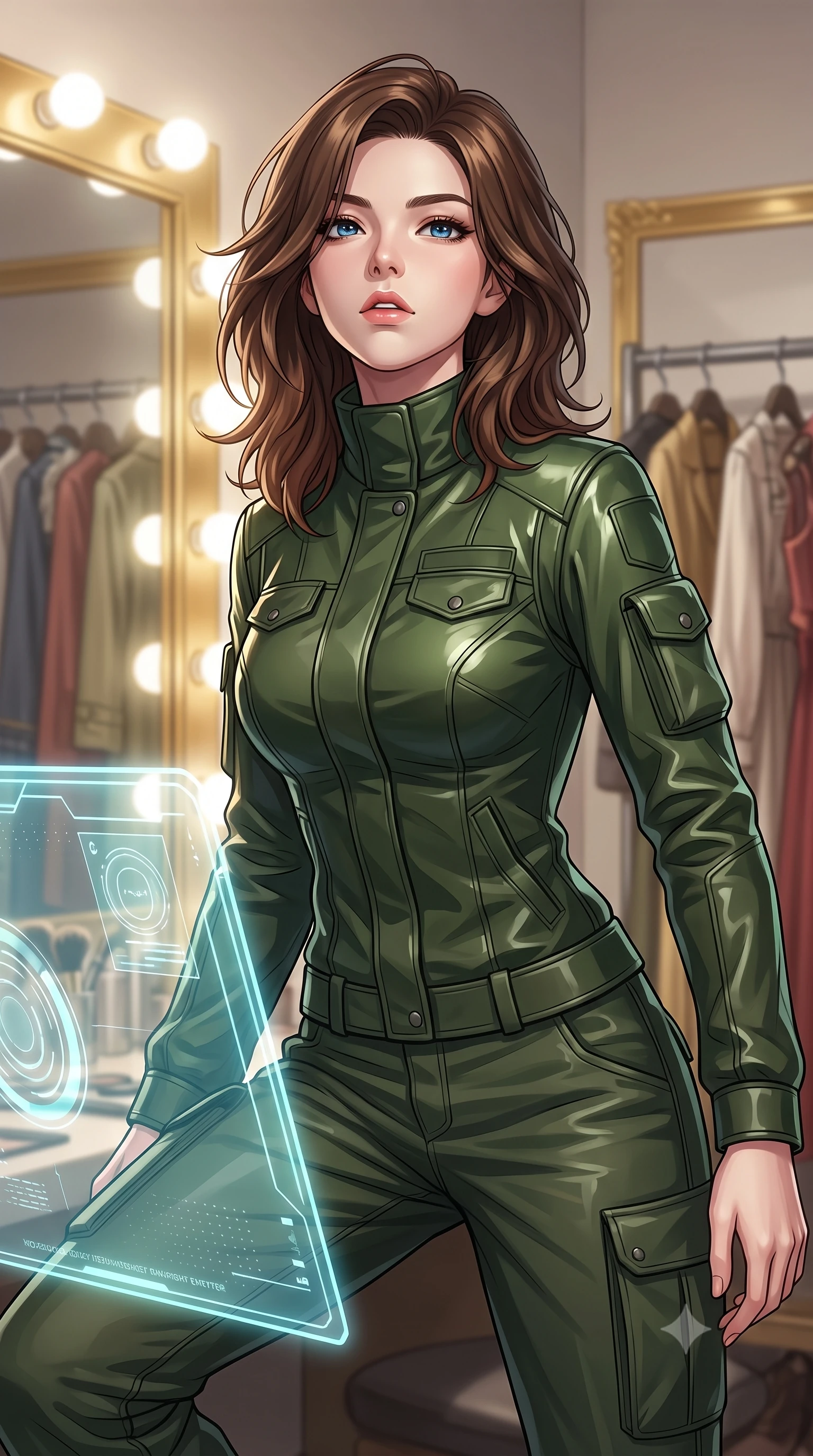score_9, masterpiece, best quality, ultra-detailed, high-budget anime keyframe, editorial fashion photography, tasteful artistic composition, Korean woman. close-up cowboy shot from the waist and thighs up, the character dominates the composition, filling the frame with her large presence, background elements kept in soft focus. crouching slightly behind a glowing holographic shield emitter, looking up with defiance and lips slightly parted, the background shows a soft-focus a backstage dressing room with gold-trimmed mirrors and vintage costume racks. She has an exceptionally elegant, slender, and willowy female figure with an ultra-slim waist, a gracefully sculpted slender torso, and a refined silhouette. sharp v-shaped jawline, high-bridge nose, intricate jewel-like eyes with depth, thick eyelashes, glossy lips with a natural sheen. wearing a slim-fit protective combat pilot jacket in deep olive green, featuring a high collar, utility pockets, and straight-fit trousers. bright vanity spotlights casting detailed front lighting and soft back shadows. highly saturated vibrant anime colors, detailed shading with soft gradients, rich glossy textures, high-contrast stereoscopic depth, volumetric dynamic lighting, master piece, 9:16 ratio