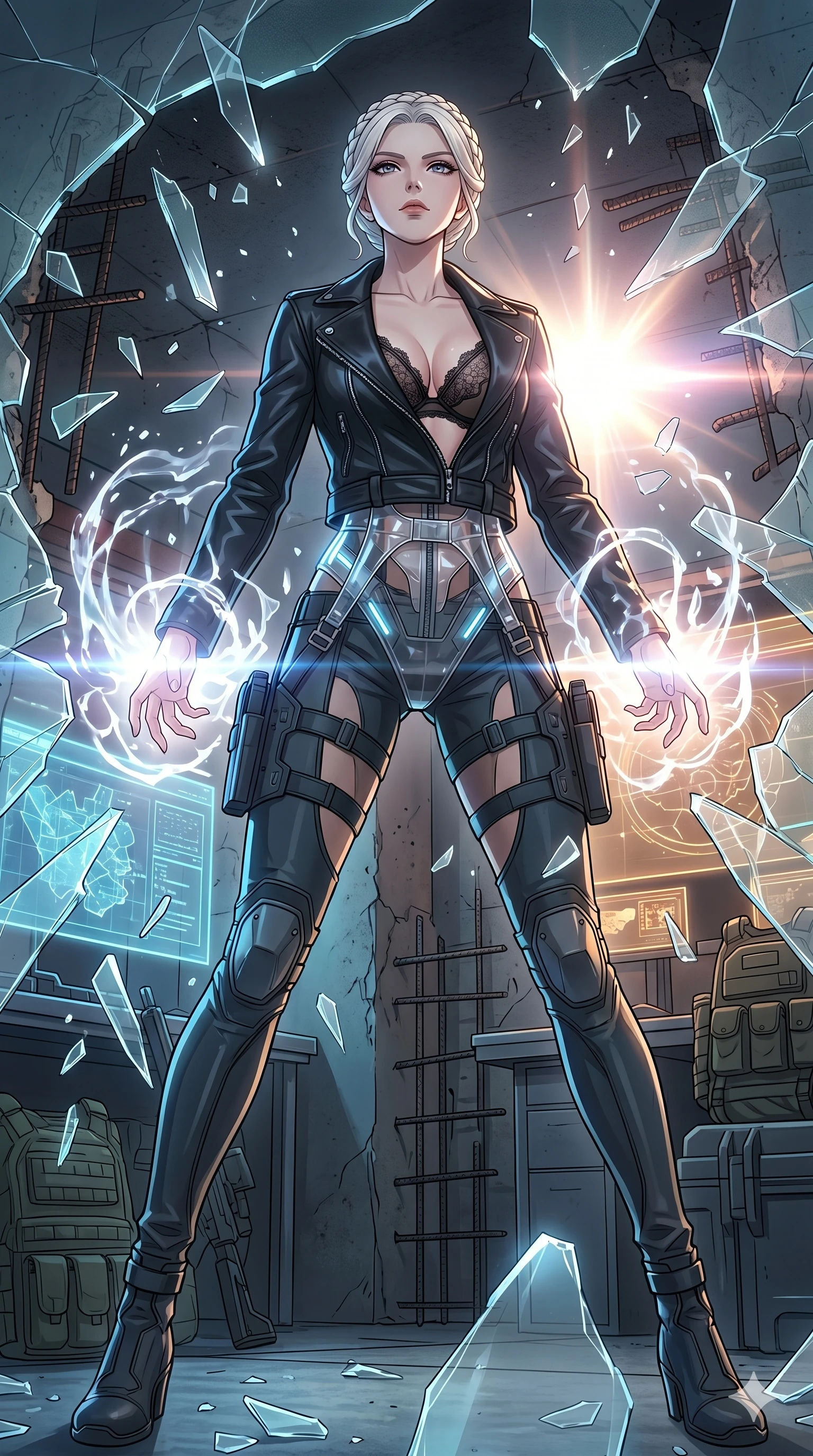 score_9, masterpiece, best quality, ultra-detailed, High-budget Anime Keyframe, vibrant colors, fluid line-art, expressive lighting, cinematic composition, Ufotable-style visual effects, top-tier animation quality, Japanese woman with delicate and elegant anime-inspired features. Low angle cowboy shot filling the entire 9:16 frame with her statuesque presence, looking up to emphasize her height. Shattering a massive wall of reinforced glass with her sheer powerful mental aura, shards of glass flying in slow motion around her. She has an absolutely perfect 8-heads proportion, an exceptionally tall and slender female figure with impossibly long slender legs and an ultra-slim waist, her statuesque height and towering silhouette dominating the vertical 9:16 frame. Her face is a masterpiece featuring a sharp v-shaped jawline, high-bridge nose, intricate jewel-like eyes with depth, thick eyelashes, and glossy lips with a natural sheen. She is wearing a Unzipped deeply leather jacket over a delicate sheer lace bra and a high-waisted harness crafted from Transparent PVC with a high-gloss finish that reveals the intricate layers beneath, with integrated neon-lit tactical gear and suggestive cutouts on the thighs. The scene is set in an underground rebel bunker with flickering holographic screens and tactical maps, illuminated by intense energy flares from her powers illuminating the scene with brilliant light. 2k, ultra detail, master piece, 9:16 ratio