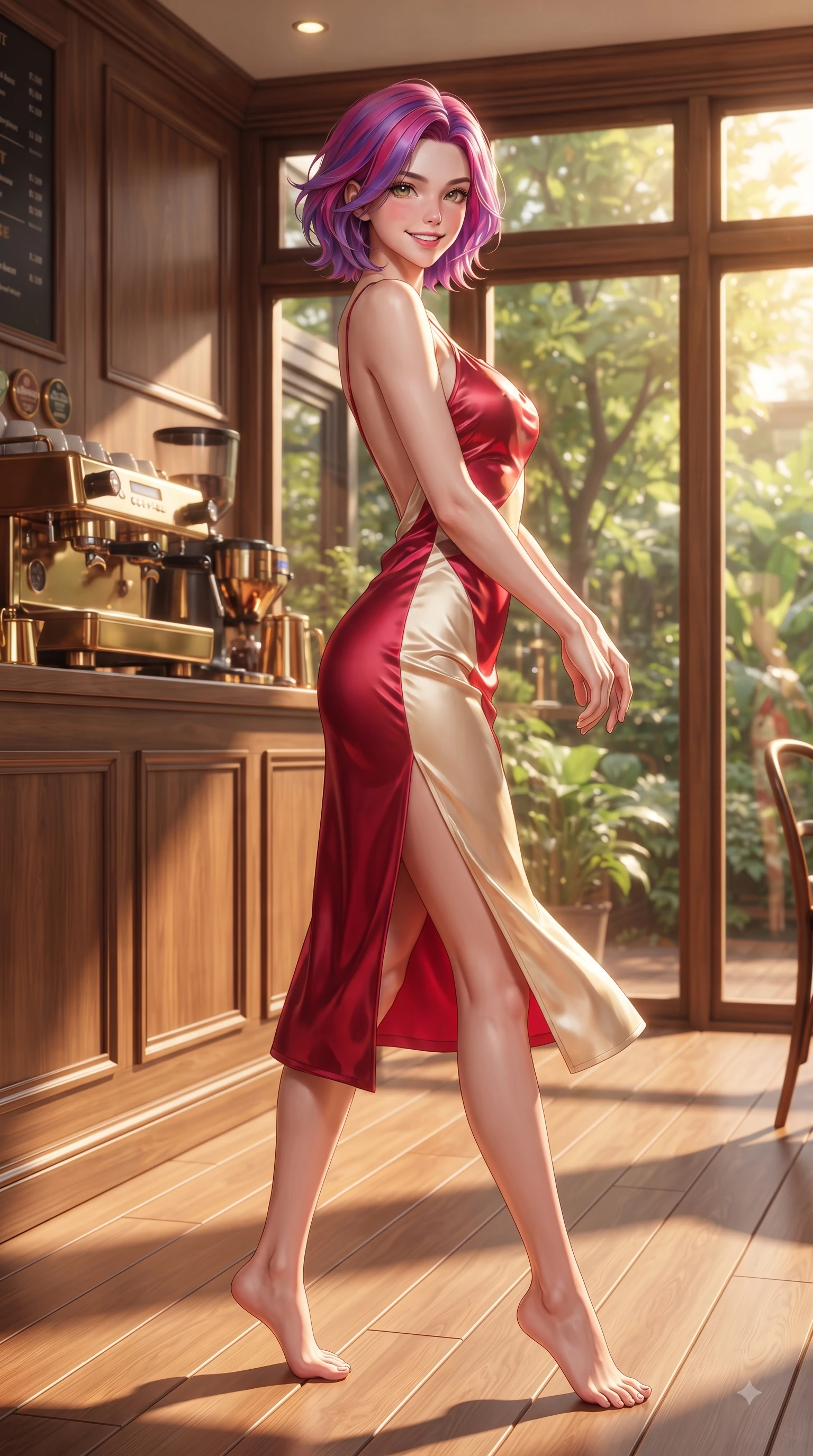 score_9, masterpiece, best quality, ultra-detailed, high-budget anime keyframe, editorial fashion photography, tasteful artistic composition, Caucasian woman. low angle full-body shot from head to toe showing her feet, filling the entire 9:16 vertical frame with her statuesque presence, stretching her vertical silhouette. pivoting dynamically with a fresh infectious smile, her ultra-slim waist creating a sweeping fluid curve while pivoting gracefully on a secluded wooden cafe terrace enveloped by green garden foliage. The surrounding environment is rendered in vivid detail and crisp panoramic clarity. rich oak wood wall paneling, brass coffee machines, and glass window views in sharp resolution. She has an absolutely perfect, statuesque 8.5-heads proportion, an exceptionally tall and slender model-like female figure with impossibly long slender legs and an ultra-slim waist. sharp v-shaped jawline, high-bridge nose, intricate jewel-like eyes with depth, thick eyelashes, glossy lips with a natural sheen, flawlessly proportioned anatomical accuracy, natural body alignment, perfectly sculpted elegant limbs, clean dynamic posture without body distortion. wearing a precision-fitted liquid satin slip dress with fluid draped lines and an open back in vivid crimson red and champagne cream, made of lustrous stretch velvet, featuring a sleek side leg slit ascending to mid-thigh, the glove-like fit emphasizing her statuesque silhouette during motion. bathed in warm golden sunlight streaming through clean glass cafe windows. ultra-reflective glossy finish, specular highlights, metallic sheen, high-contrast stereoscopic depth, volumetric dynamic lighting, 2k, ultra detail, master piece, 9:16 ratio