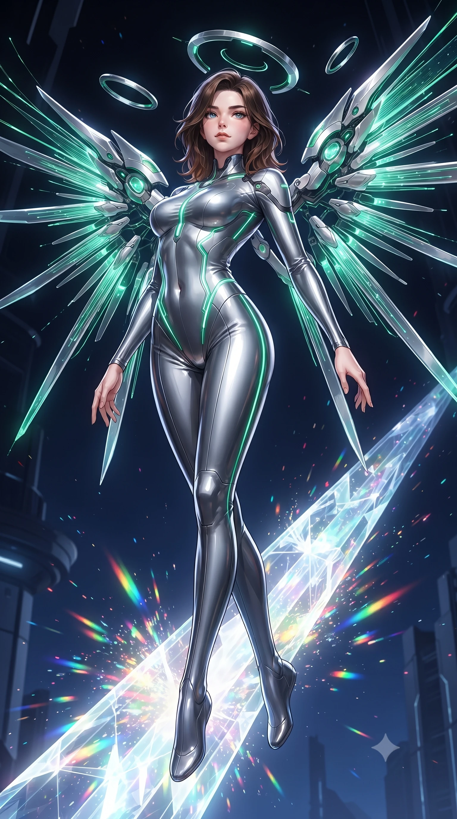 score_9, masterpiece, best quality, ultra-detailed, high-budget anime keyframe, editorial fashion photography, tasteful artistic composition, Korean woman. low angle full-body shot from head to toe showing her feet, filling the entire 9:16 vertical frame with her statuesque presence, stretching her vertical silhouette. arching her back gracefully in mid-air as glowing mechanical wings and floating cybernetic halos frame her statuesque presence while drifting gracefully along a crystalline energy conduit as bursts of rainbow subatomic particles illuminate her contour. The surrounding environment is rendered in vivid detail and crisp panoramic clarity. transcendent chiaroscuro contrast between blinding particle light and deep space architecture in precision. She has an absolutely perfect, statuesque 8.5-heads proportion, an exceptionally tall and slender model-like female figure with impossibly long slender legs, a toned flat midriff, and an ultra-slim waist. sharp v-shaped jawline, high-bridge nose, intricate jewel-like eyes with depth, thick eyelashes, glossy lips with a natural sheen, flawlessly proportioned anatomical accuracy, strict slender model proportions, natural body alignment, perfectly sculpted long slender limbs, ultra-slim waistline, clean dynamic posture without body distortion. wearing an ultra-sleek aerodynamic tech-jumpsuit sculpted tightly to her figure, accented with glowing fiber-optic spine lines in radiant emerald green circuit lines and polished silver sheen, made of liquid jersey fabric that clings flawlessly to every contour of her build, featuring a sleek aerodynamic collar framed by subtle glowing cybernetic accents, the liquid-tight tailored fabric emphasizing every curve of her tall, slender model proportions and sculptured silhouette during dynamic movement. illuminated by intense directional rim lights sharply defining her ultra-slim waist, long legs, and flat midriff. ultra-reflective glossy finish, specular highlights, dark metallic sheen, high-contrast stereoscopic depth, volumetric dynamic lighting, 2k, ultra detail, master piece, 9:16 ratio