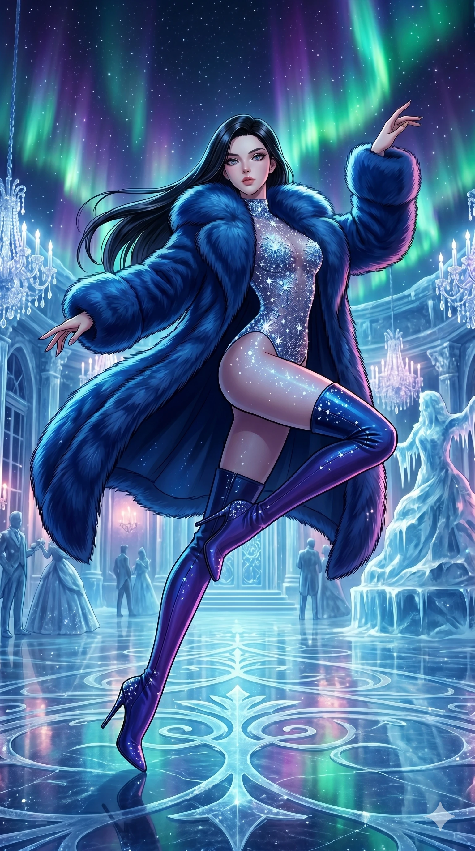 score_9, masterpiece, best quality, ultra-detailed, high-budget anime movie keyframe, cinematic anime lighting, intricate line art, Japanese woman. Low angle cowboy shot filling the entire 9:16 frame with her statuesque presence. leaping gracefully in a frozen starlight ballroom amidst aurora borealis. She has an absolutely perfect 8-heads proportion, an exceptionally tall and slender female figure with an ultra-slim waist and impossibly long slender legs. sharp v-shaped jawline, high-bridge nose, intricate jewel-like eyes, thick eyelashes, glossy lips. Wearing seasonal winter-couture featuring a plush oversized faux-fur coat worn over a skin-tight crystalline leotard and thigh-high stiletto boots. The scene is illuminated by dramatic atmospheric lighting and vibrant color palettes. , 2k, ultra detail, master piece, 9:16 ratio