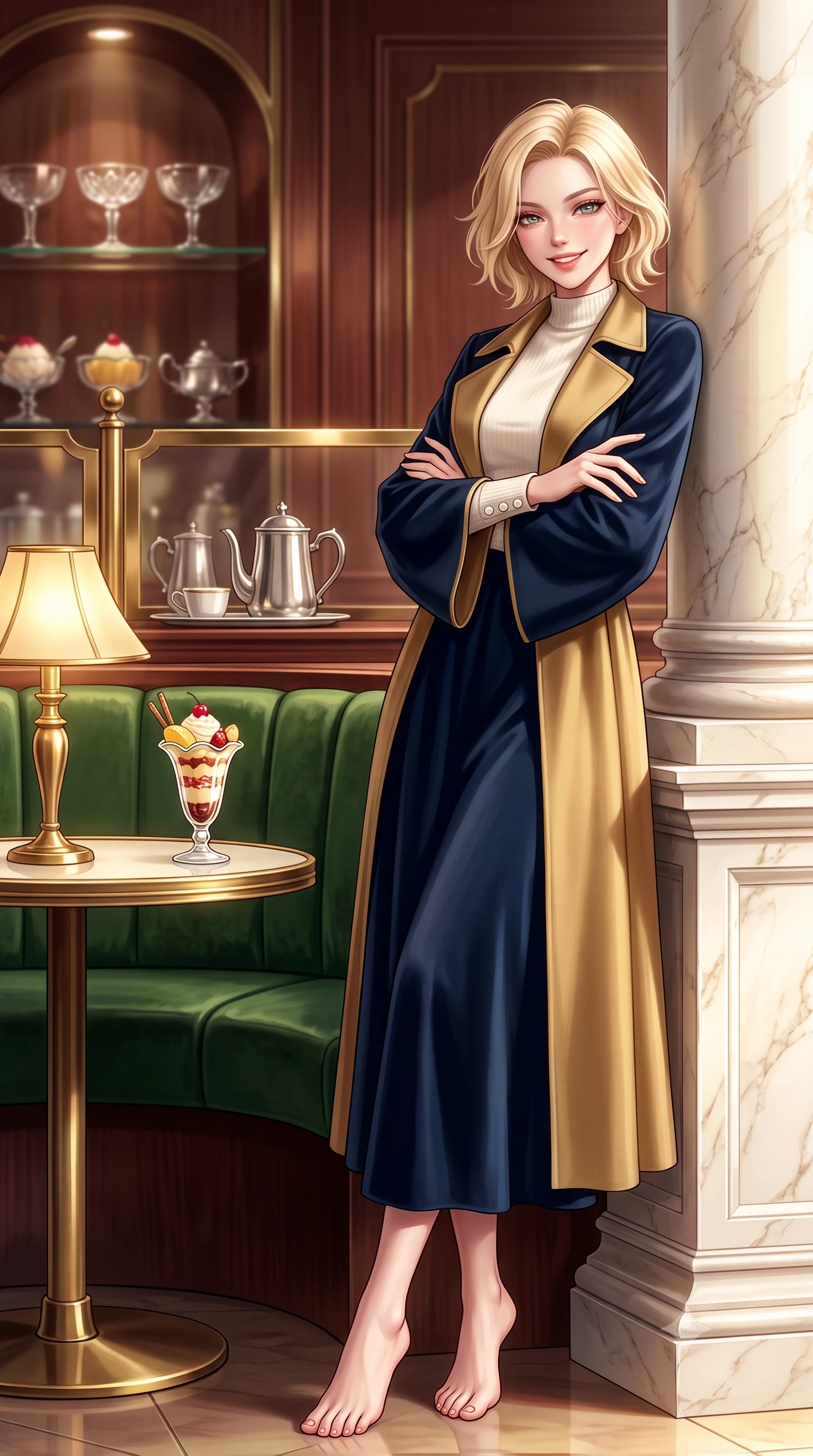 score_9, masterpiece, best quality, ultra-detailed, high-budget anime keyframe, semi-realistic 3D game render, editorial fashion photography, tasteful artistic composition, Caucasian woman. low angle full-body shot from head to toe showing her feet, filling the entire 9:16 vertical frame with her statuesque presence, stretching her vertical silhouette. leaning lightly against the sunlit architectural column with arms crossed loosely, flashing a warm, confident smile while sitting poised in a curved forest green velvet booth beside a polished brass lamp, smiling cheerfully over a vintage parfait glass. The background shows a soft-focus vintage crystal dessert coupes and silver coffee services softened in nostalgic Tokyo cafe romance shallow focus. She has an exceptionally tall and slender model-like 8.5-heads proportion, an ultra-slim waist, a flat toned midriff, narrow delicate ribcage, and beautifully sculpted feminine hips creating a graceful, slim hourglass silhouette without any bulky heaviness, with impossibly long slender legs. sharp v-shaped jawline, high-bridge nose, intricate jewel-like sparkling eyes with depth, thick eyelashes, glossy parted lips with a natural peach sheen, bright cheerful beaming smile with an enchanting and coquettish sensual glint, exuding both youthful cute charm and seductive allure, flawlessly proportioned anatomical accuracy, strict slender model proportions, natural body alignment, perfectly sculpted long slender limbs, ultra-slim waistline, clean dynamic posture without body distortion. wearing an elegant tailored wool trench with kimono-inspired wide sleeves worn over an ivory mock-neck sweater and long skirt in Ginza vintage brass gold and midnight navy, crafted from rich cotton velvet with deep light-absorbing pile and soft gradients, finished with fine mother-of-pearl cuff buttons catching the soft ambient light, the streamlined silhouette following her natural slender proportions with sophisticated poise, enhancing her tall willowy presence. illuminated by rosewood wall and brass reflection bounce with crisp champagne rim lights defining her cheekbones and slender waist. highly saturated vibrant anime colors, detailed shading with soft gradients, rich glossy textures, high-contrast stereoscopic depth, volumetric dynamic lighting, master piece, 9:16 ratio