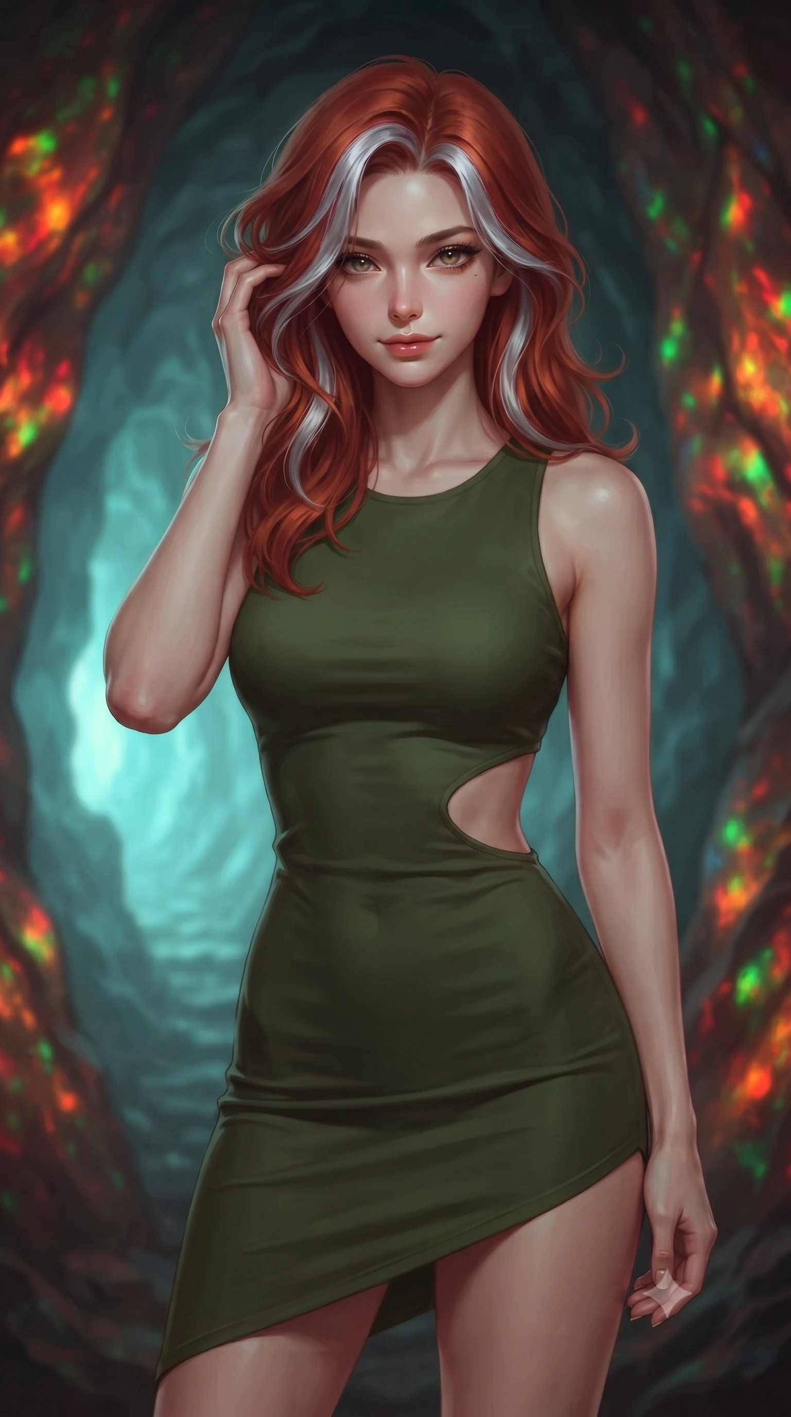 score_9, masterpiece, best quality, ultra-detailed, high-budget anime keyframe, editorial fashion photography, tasteful artistic composition, Caucasian woman, strictly human ears. close-up cowboy shot from the waist and thighs up, the character dominates the composition, filling the frame with her large presence, background elements kept in soft focus. Gently brushing hair from her face with an enigmatic half-smile. set against a soft-focus background of deep underground in a mine where the exposed walls are solid fire opal glowing with internal flame-like patterns of red orange and green precious play-of-color shimmering and shifting with viewing angle. She has an exceptionally elegant and slender, willowy female figure with an ultra-slim waist, a gracefully sculpted slender torso, and a refined slim physique. sharp v-shaped jawline, high-bridge nose, intricate jewel-like eyes with depth, thick eyelashes, glossy lips with a natural sheen. wearing a bodycon mini dress in olive green, featuring a side cut-out at the waist and an asymmetric hem. soft aqua bioluminescent light making her skin luminously glow against darkness. 2k, ultra detail, master piece, 9:16 ratio