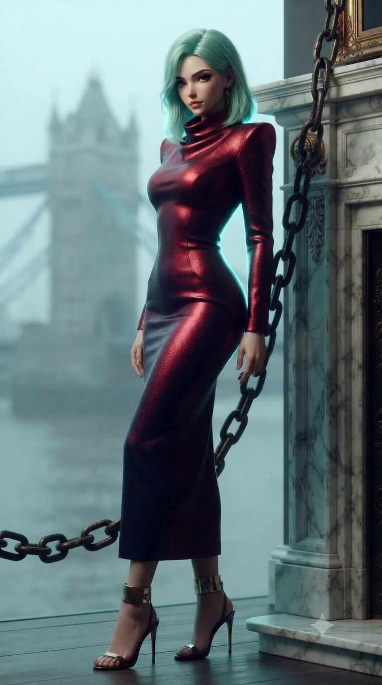 score_9, masterpiece, best quality, ultra-detailed, high-budget anime keyframe, editorial fashion photography, tasteful artistic composition, Japanese woman. close-up cowboy shot from the waist and thighs up, the character dominates the composition, filling the frame with her large presence. standing poised beside a towering marble fireplace with hips cocked back, casting an alluring, sovereign gaze toward the viewer while leaning back against the historic suspension chain with sovereign elegance, casting a sultry bedroom-gaze over her shoulder. The background shows a soft-focus suspension bridge cables and foggy Thames expanse softened in riverfront shallow focus. She has an exceptionally elegant, slender, and willowy female figure with an ultra-slim waist, flat toned midriff, narrow ribcage, and sculpted feminine hips creating an alluring, slim hourglass silhouette without bulk. sharp v-shaped jawline, high-bridge nose, intricate jewel-like dark sparkling eyes with dangerous depth, thick curled eyelashes, glossy parted lips with a rich wine sheen, smoldering seductive half-smile with bedroom-eyes, exuding effortless superiority and intoxicating dark allure, flawlessly proportioned anatomical accuracy, strict slender model proportions, natural body alignment, perfectly sculpted long slender limbs, ultra-slim waistline, clean dynamic posture without body distortion. wearing a bespoke architectural wool-crepe column gown with high cowl neck and sharp structured shoulders in Tokyo Tower scarlet crimson and midnight indigo, tailored from fine lightweight midnight wool crepe with crisp architectural structure, complemented by strappy stiletto heels with metallic ankle cuffs accentuating her slender calves, the impeccably tailored cut draping gracefully along her slender figure with aristocratic noir poise. illuminated by river water reflection bounce and sharp electric-cyan rim lights sculpting her razor-sharp jawline, narrow waist, and curvy hips. ultra-reflective glossy finish, specular highlights, rich textural contrasts, high-contrast stereoscopic depth, volumetric dynamic lighting, 2k, ultra detail, master piece, 9:16 ratio