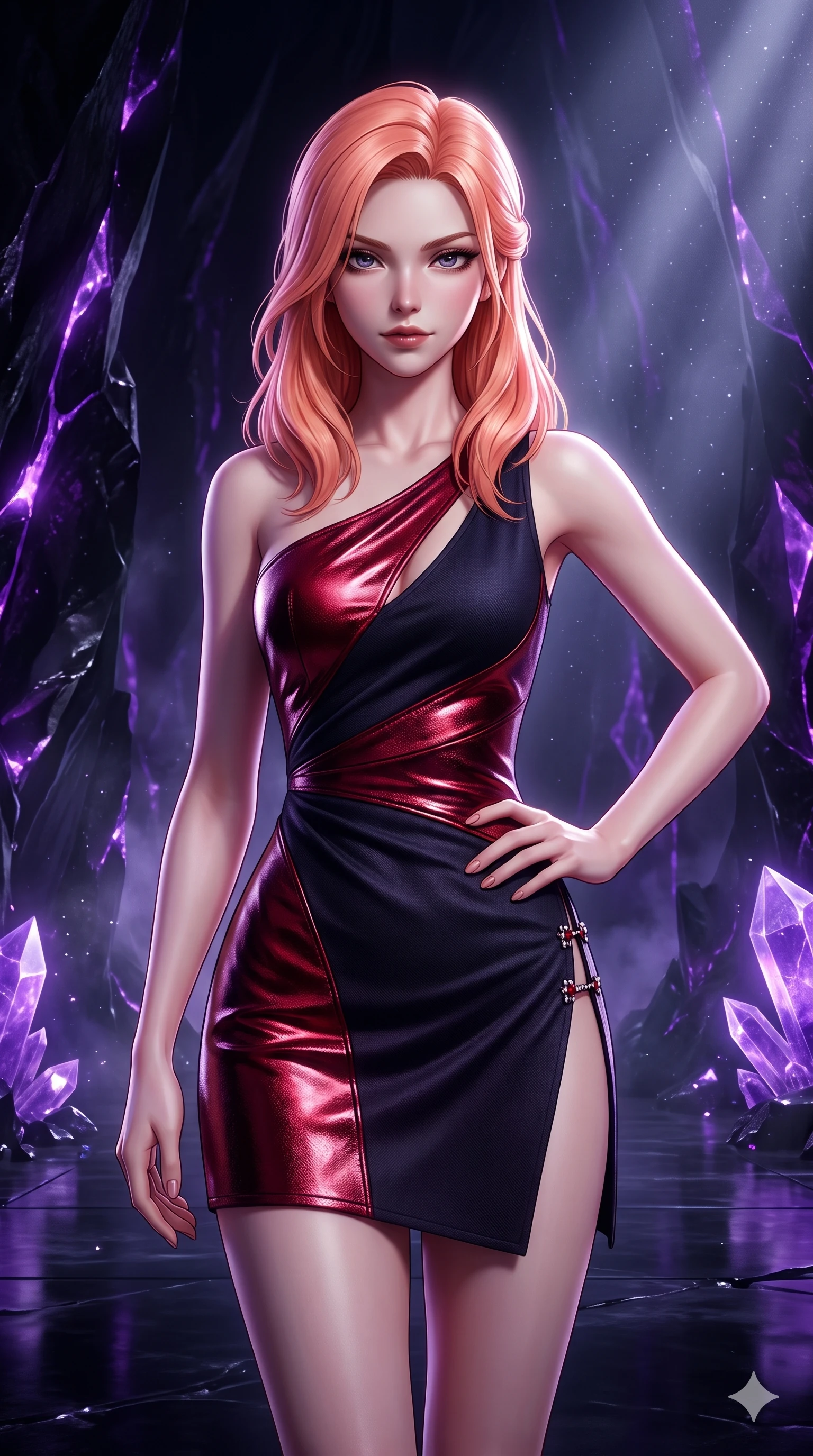 score_9, masterpiece, best quality, ultra-detailed, high-budget anime keyframe, semi-realistic 3D game render, editorial fashion photography, tasteful artistic composition, Japanese woman. close-up cowboy shot from the waist and thighs up, the character dominates the composition, filling the frame with her large presence. holding a confident power pose with one hand on her hip, looking into the lens with smoldering intensity while navigating an obsidian needle monolith chamber illuminated by dark violet crystal veins, glowing amethyst veins in the obsidian walls casting an eerie inner glow. The surrounding environment is rendered in vivid detail and crisp panoramic clarity: sharp conchoidal obsidian fracture edges, luminous amethyst crystal facet clarity, and smooth reflective basalt floor in deep focus. She has an exceptionally elegant, slender, and willowy female figure with an ultra-slim waist, flat toned midriff, narrow ribcage, and sculpted feminine hips creating an alluring, slim hourglass silhouette without bulk. sharp v-shaped jawline, high-bridge nose, intricate jewel-like dark sparkling eyes with hypnotic seductive depth, thick curled eyelashes, glossy parted lips with a natural wine sheen, alluring bedroom-eyes with an enigmatic smoldering smile, exuding magnetic sovereign charisma and dark avant-garde glamour, flawlessly proportioned anatomical accuracy, strict slender model proportions, natural body alignment, perfectly sculpted long slender limbs, ultra-slim waistline, clean dynamic posture without body distortion. wearing an asymmetric one-shoulder metallic patent leather mini dress with a dramatic side slit hugging her hips in crimson laser red and cold midnight shadow tones, woven from bespoke high-density barathea wool with refined ceremonial hold, finished with an ultra-high side slit secured by miniature jeweled clasps, contouring every curve with an exceptionally elegant silhouette and captivating allure. lit by cold silver beams and violet crystal luminescence cutting through pitch-black subterranean darkness. highly saturated vibrant anime colors, detailed shading with soft gradients, rich glossy textures, high-contrast stereoscopic depth, volumetric dynamic lighting, master piece, 9:16 ratio