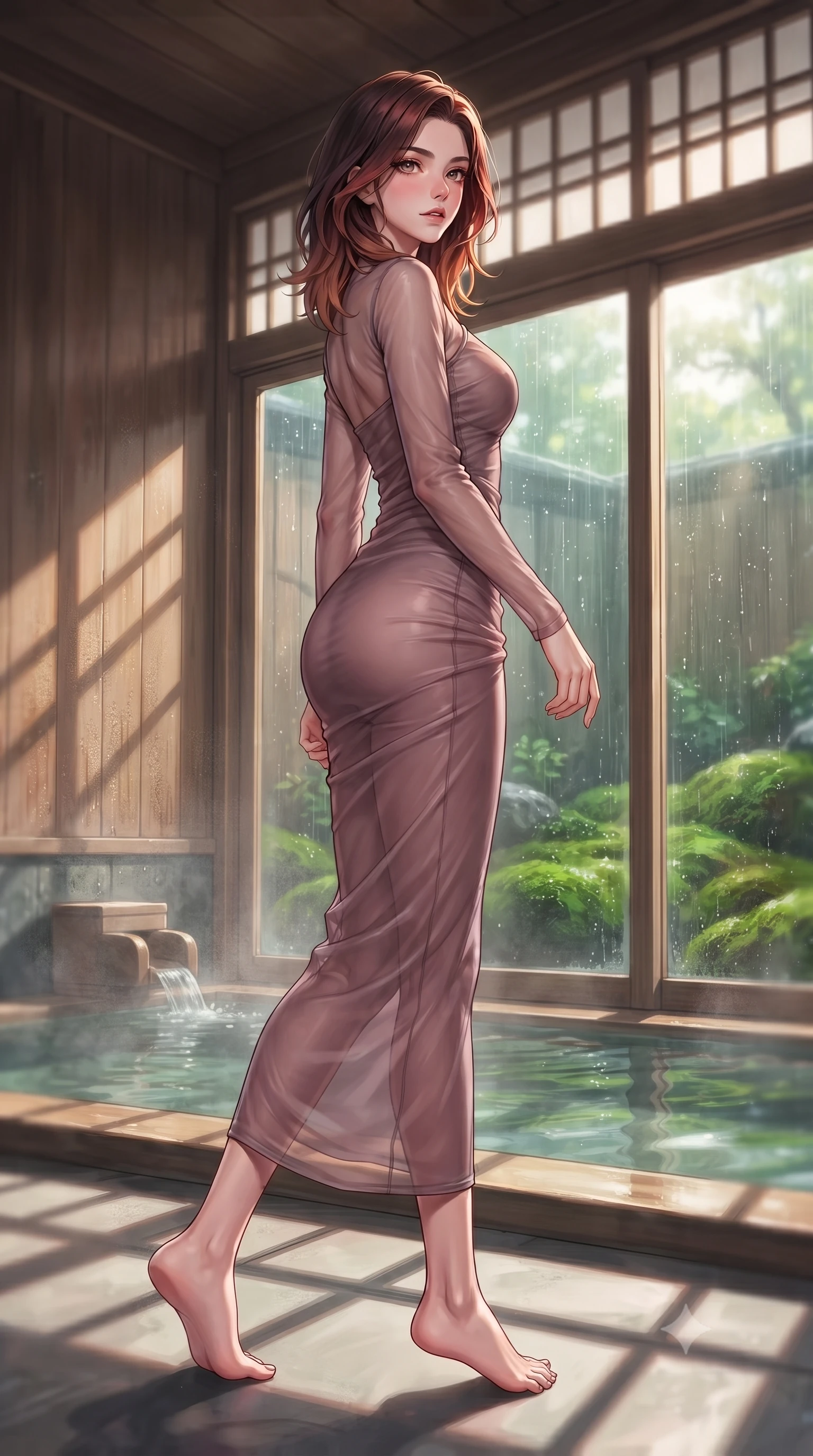 score_9, masterpiece, best quality, ultra-detailed, high-budget anime keyframe, editorial fashion photography, tasteful artistic composition, Korean woman. low angle full-body shot from head to toe showing her feet, filling the entire 9:16 vertical frame with her statuesque presence, stretching her vertical silhouette. stepping gracefully while looking back over her shoulder, her dress draped tightly to reveal her silhouette the background shows a soft-focus a ryokan hot spring cypress wood bath facing a rain-drenched moss garden. She has an absolutely perfect, statuesque 8.5-heads proportion, an exceptionally tall and slender model-like female figure with impossibly long slender legs and an ultra-slim waist. sharp v-shaped jawline, high-bridge nose, intricate jewel-like eyes with depth, thick eyelashes, glossy lips with a natural sheen. wearing a body-hugging sheer organza dress in dusty mauve, showing her slender torso and willowy silhouette. soft late afternoon sunbeams casting long wooden grid shadows. highly saturated vibrant anime colors, detailed shading with soft gradients, rich glossy textures, high-contrast stereoscopic depth, volumetric dynamic lighting, master piece, 9:16 ratio