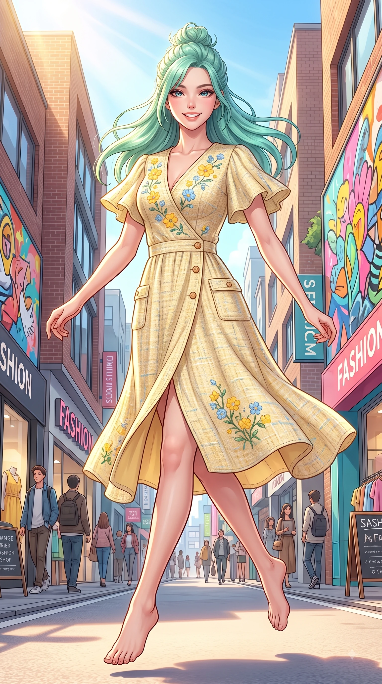 score_9, masterpiece, best quality, ultra-detailed, high-budget anime keyframe, editorial fashion photography, tasteful artistic composition, Japanese woman. low angle full-body shot from head to toe showing her feet, filling the entire 9:16 vertical frame with her statuesque presence, stretching her vertical silhouette. leaping with pure youthful energy through the scene with a radiant bright smile, her long slender legs balanced gracefully while pivoting in a stylish stride under bright sunbeams on a bustling college town fashion avenue. The surrounding environment is rendered in vivid detail and crisp panoramic clarity. modern brick architecture, vibrant fashion storefronts, and lively street art murals in sharp clarity. She has an absolutely perfect, statuesque 8.5-heads proportion, an exceptionally tall and slender model-like female figure with impossibly long slender legs and an ultra-slim waist. sharp v-shaped jawline, high-bridge nose, intricate jewel-like eyes with depth, thick eyelashes, glossy lips with a natural sheen, flawlessly proportioned anatomical accuracy, natural body alignment, perfectly sculpted elegant limbs, clean dynamic posture without body distortion. wearing an elegant butter-yellow wrap midi dress with subtle floral embroidery and flutter sleeves in sunny daffodil yellow and clear sky blue, tailored from soft pastel tweed with subtle metallic thread, finished with neat front wooden buttons and pocket details, the soft airy drape swaying gracefully with her dynamic movements. bathed in bright golden hour sunshine and warm urban ambient illumination. highly saturated vibrant anime colors, detailed shading with soft gradients, rich glossy textures, high-contrast stereoscopic depth, volumetric dynamic lighting, master piece, 9:16 ratio