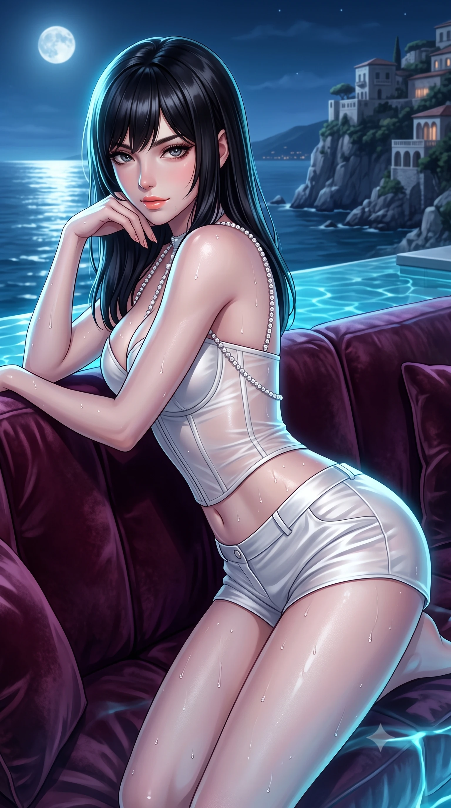 score_9, masterpiece, best quality, ultra-detailed, high-budget anime keyframe, semi-realistic 3D game render, editorial fashion photography, tasteful artistic composition, Caucasian woman. close-up cowboy shot from the waist and thighs up, the character dominates the composition, filling the frame with her large presence. leaning forward over the velvet sofa while arching her lower back to accentuate her curvy hips, looking into the camera with an intoxicating smoldering gaze and bedroom-eyes while lounging on the submerged pool tanning shelf propped on one elbow, her flat midriff and long slender limbs commanding the moonlit coastal vista. The surrounding environment is rendered in vivid detail and crisp panoramic clarity: detailed wet fabric weave, glistening water drops on skin, and cliffside architecture in high resolution. She has an exceptionally elegant, slender, and willowy female figure with an ultra-slim waist, flat toned midriff, narrow ribcage, and sculpted feminine hips creating an alluring, slim hourglass silhouette without bulk. sharp v-shaped jawline, high-bridge nose, sparkling eyes with hypnotic seductive depth, thick curled eyelashes, glossy parted lips with a natural dewy peach sheen, alluring bedroom-eyes with an enchanting coquettish smile, exuding magnetic siren charisma and sophisticated high-fashion glamour, flawlessly proportioned anatomical accuracy, strict slender model proportions, natural body alignment, perfectly sculpted long slender limbs, ultra-slim waistline, clean dynamic posture without body distortion. wearing a strapless boned leatherette corset paired with low-waisted tailored satin hot-pants in pure pearl alabaster with platinum sheen, made of sheer gossamer chiffon that drapes softly against skin with airy translucence, accented with a pearl-drop body harness subtly framing her dewy collarbones and spine, the liquid-tight tailored fabric clinging flawlessly to her narrow waist and rounded feminine hips, emphasizing every millimeter of her sculpted slim hourglass curves without any bulky heaviness. illuminated by aquatic caustic bounce and sharp platinum-cyan rim lights sculpting her jawline, narrow waist, and curvy hips. highly saturated vibrant anime colors, detailed shading with soft gradients, rich glossy textures, high-contrast stereoscopic depth, volumetric dynamic lighting, master piece, 9:16 ratio