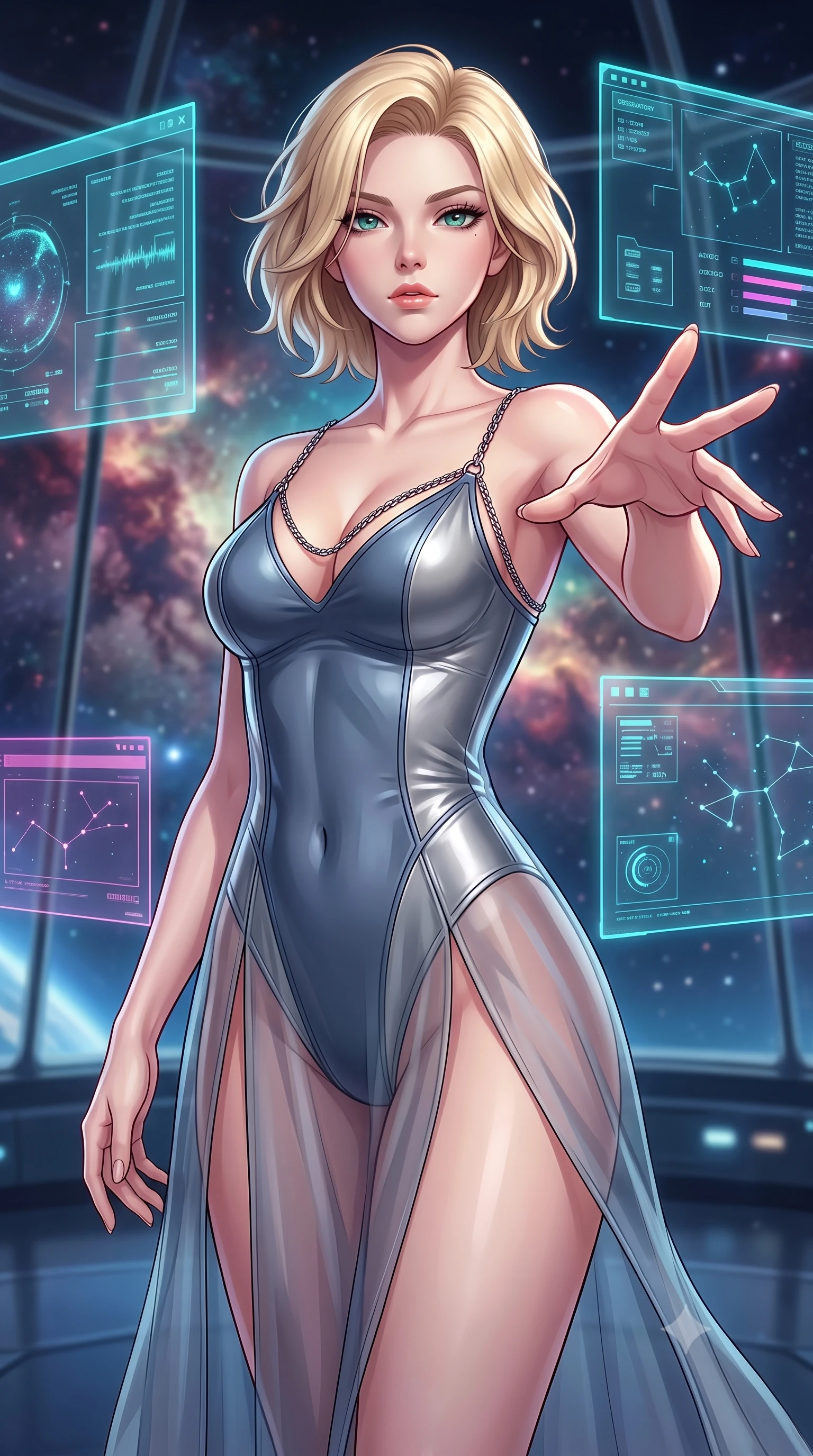 score_9, masterpiece, best quality, ultra-detailed, high-budget anime keyframe, editorial fashion photography, tasteful artistic composition, Caucasian woman. close-up cowboy shot from the waist and thighs up, the character dominates the composition, filling the frame with her large presence, background elements kept in soft focus. Reaching one hand gracefully toward the viewer with effortless superiority and allure standing inside a high-tech observatory with panoramic glass views of a nebula, translucent cyan and magenta holographic panels hovering seamlessly. She has an exceptionally elegant, slender, and willowy female figure with an ultra-slim waist, a gracefully sculpted slender torso, and a refined silhouette. sharp v-shaped jawline, high-bridge nose, intricate jewel-like eyes with depth, thick eyelashes, glossy lips with a natural sheen. wearing a semi-opaque sheer overlay dress over a leather micro-bodysuit in slate blue and metallic silver, formed from sleek second-skin neoprene, adorned with delicate metallic chain straps along the neckline, the tailored fabric tightly following every curve of her athletic build. surrounded by a crisp high-tech illumination highlighting every sleek curve. highly saturated vibrant anime colors, detailed shading with soft gradients, rich glossy textures, high-contrast stereoscopic depth, volumetric dynamic lighting, master piece, 9:16 ratio
