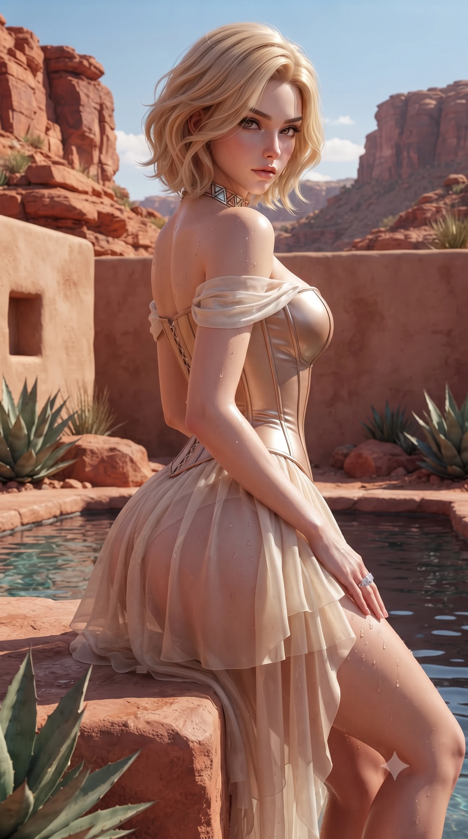 score_9, masterpiece, best quality, ultra-detailed, high-budget anime keyframe, editorial fashion photography, tasteful artistic composition, Caucasian woman. close-up cowboy shot from the waist and thighs up, the character dominates the composition, filling the frame with her large presence. twisting her slender torso in a deep contrapposto stance, hips dramatically shifted to accentuate her feminine curves while looking past her shoulder with smoldering bedroom-eyes while perching on the edge of an infinity plunge pool carved into crimson sandstone, water droplets beading on her hip as she looks back over her shoulder. The surrounding environment is rendered in vivid detail and crisp panoramic clarity. sharp weathered red sandstone strata, smooth adobe wall textures, and desert succulent leaves in deep focus. She has an exceptionally elegant, slender, and willowy female figure with an ultra-slim waist, flat toned midriff, narrow ribcage, and sculpted feminine hips creating an alluring, slim hourglass silhouette without bulk. sharp v-shaped jawline, high-bridge nose, intricate jewel-like eyes with depth, thick eyelashes, glossy parted lips with a natural sheen, intensely captivating and seductive bedroom-eyes expression, flawlessly proportioned anatomical accuracy, strict slender model proportions, natural body alignment, perfectly sculpted long slender limbs, ultra-slim waistline, clean dynamic posture without body distortion. wearing an off-shoulder French court corset bodice dress paired with a tiered translucent chiffon slit skirt in vintage champagne ivory and delicate rose gold, formed from supple second-skin lambskin leather with specular sheen, complemented by a bold geometric choker and sparkling cocktail ring, the glove-like aerodynamic silhouette tightly following the natural contour of her hips and long slender legs with statuesque 8.5-heads elegance. surrounded by an earthy, sacred, and deeply sensual desert goddess aura. ultra-reflective glossy finish, specular highlights, rich textural contrasts, high-contrast stereoscopic depth, volumetric dynamic lighting, 2k, ultra detail, master piece, 9:16 ratio