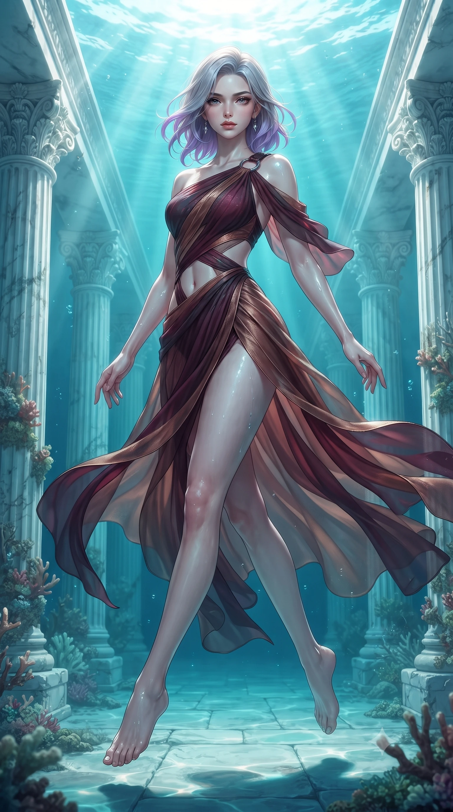 score_9, masterpiece, best quality, ultra-detailed, high-budget anime keyframe, editorial fashion photography, tasteful artistic composition, Caucasian woman. low angle full-body shot from head to toe showing her feet, filling the entire 9:16 vertical frame with her statuesque presence, stretching her vertical silhouette. leaping gracefully through the environment with statuesque elegance and long slender legs floating gracefully through a sunken white marble colonnade underwater, gentle ocean currents swaying her attire in fluid underwater motions. She has an absolutely perfect, statuesque 8.5-heads proportion, an exceptionally tall and slender model-like female figure with impossibly long slender legs and an ultra-slim waist. sharp v-shaped jawline, high-bridge nose, intricate jewel-like eyes with depth, thick eyelashes, glossy lips with a natural sheen. wearing an asymmetrical Grecian draped chiffon gown with a metallic shoulder ring in deep burgundy and bronze, woven from fine semi-opaque sheer organza, featuring subtle geometric cutouts that highlight her ultra-slim midriff, the sleek second-skin texture accentuating her magnetic presence. bathed in brilliant underwater sunbeams and soft turquoise caustic glow. ultra-reflective glossy finish, specular highlights, metallic sheen, high-contrast stereoscopic depth, volumetric dynamic lighting, 2k, ultra detail, master piece, 9:16 ratio