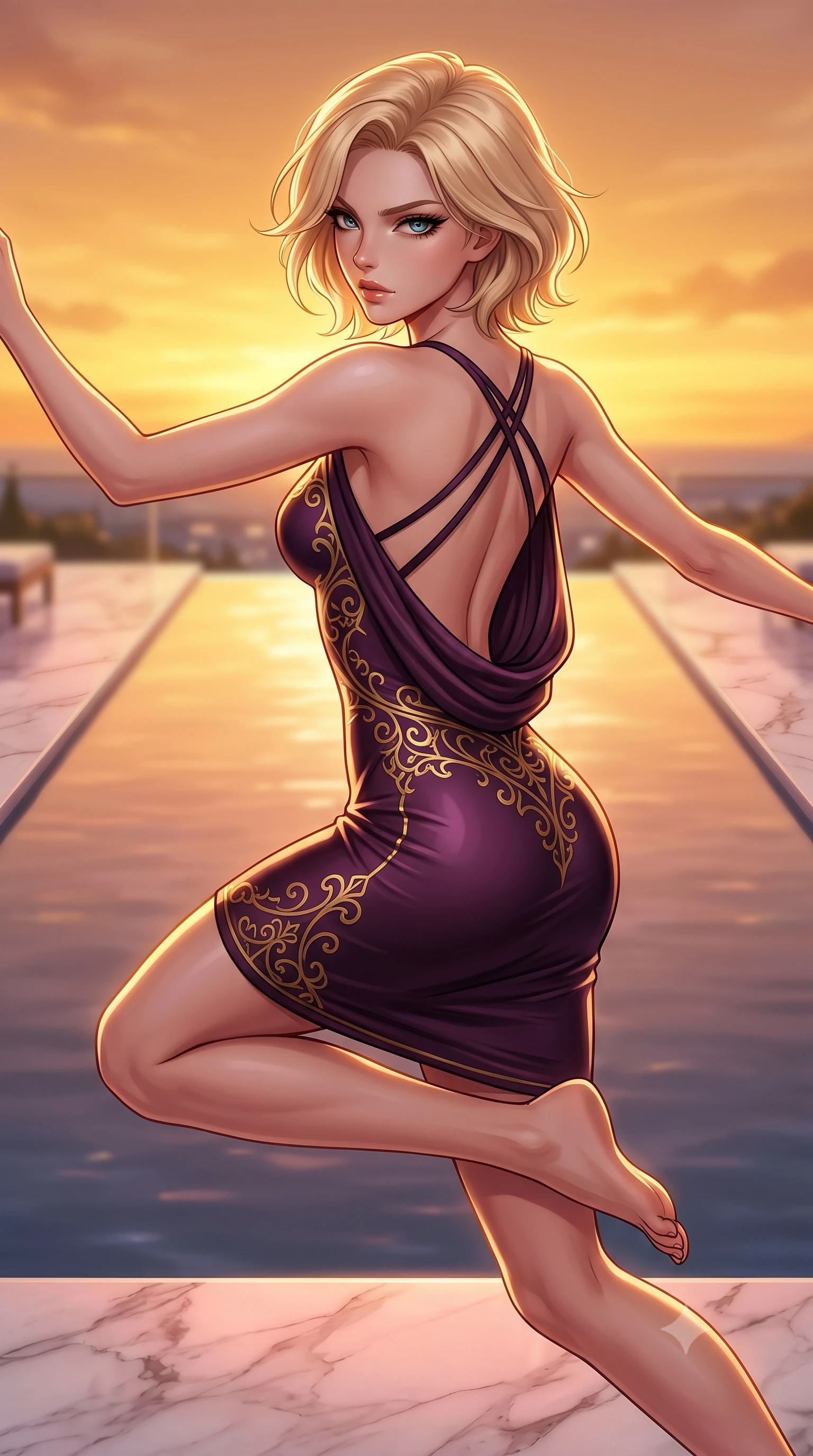 score_9, masterpiece, best quality, ultra-detailed, high-budget anime keyframe, editorial fashion photography, tasteful artistic composition, Caucasian woman. close-up cowboy shot from the waist and thighs up, the character dominates the composition, filling the frame with her large presence, background elements kept in soft focus. Pivoting sharply while looking back over her shoulder with heavy lashes and a confident, intense gaze while leaping gracefully over an infinity reflecting pool mirroring a warm golden sunset sky, soft rose-gold and amber sunset light reflecting off polished white marble. She has an exceptionally elegant, slender, and willowy female figure with an ultra-slim waist, a gracefully sculpted slender torso, and a refined silhouette. sharp v-shaped jawline, high-bridge nose, intricate jewel-like eyes with depth, thick eyelashes, glossy lips with a natural sheen, flawlessly proportioned anatomical accuracy, natural body alignment, perfectly sculpted elegant limbs, clean dynamic posture without body distortion. wearing a precision-fitted liquid jersey bodycon dress with a graceful draped back in plum purple and gold filigree, formed from sleek second-skin neoprene, complemented by criss-cross back straps highlighting her bare shoulders, the glove-like fit emphasizing her statuesque silhouette during motion. illuminated by soft glowing sunset radiance with dramatic golden rim highlights. highly saturated vibrant anime colors, detailed shading with soft gradients, rich glossy textures, high-contrast stereoscopic depth, volumetric dynamic lighting, master piece, 9:16 ratio