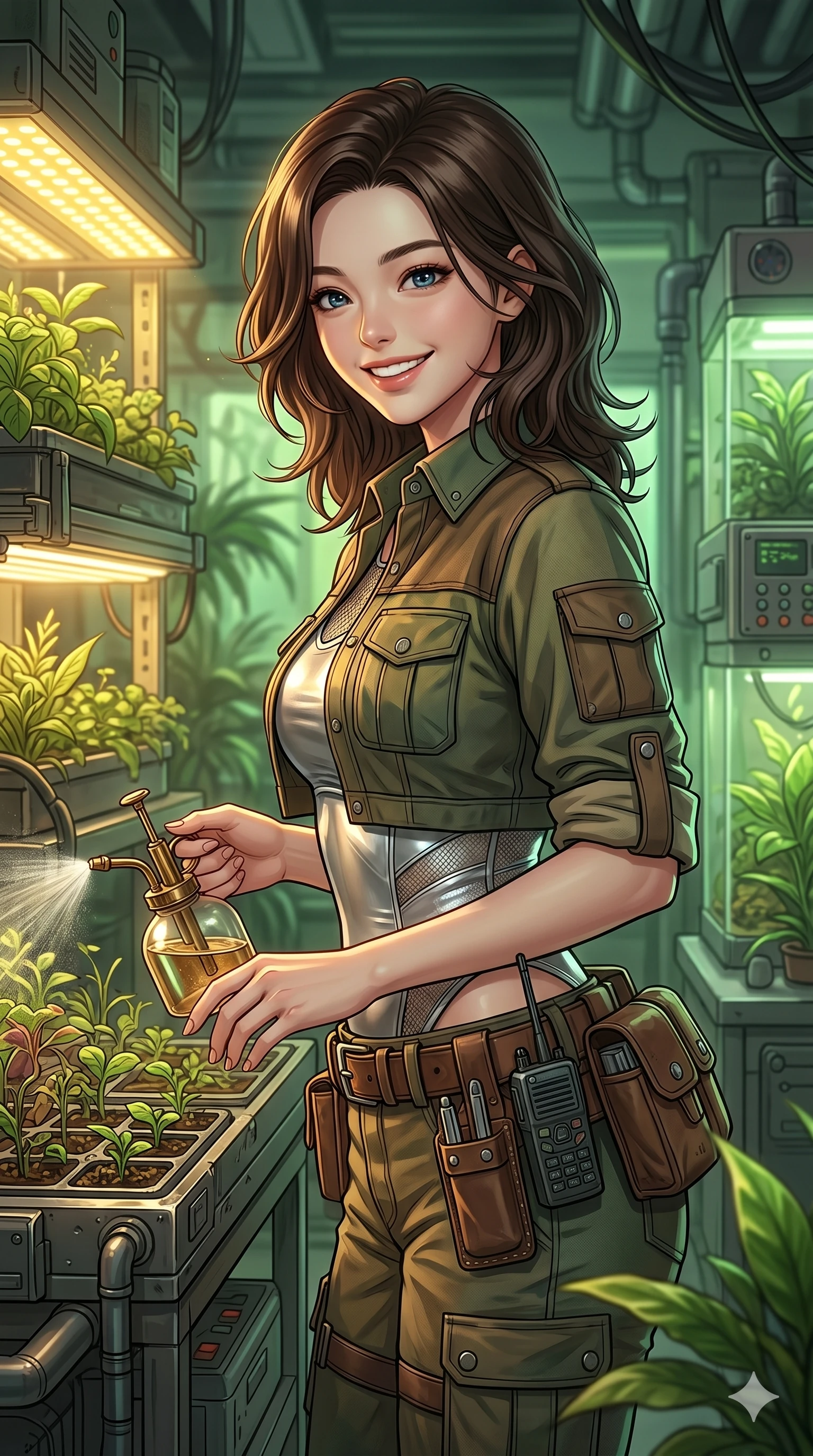 score_9, masterpiece, best quality, ultra-detailed, high-budget anime keyframe, Korean woman. Upper body close-up from the thighs up, character filling the screen for maximum presence. Inside a biotech lab greenhouse, watering seedlings, holding a small watering spray, looking back with a happy, friendly expression. She is wearing a cropped work shirt over a silver bodice, with a leather utility belt. The scene is lit by warm yellow grow lights and soft green ambient light. 2k, ultra detail, master piece, 9:16 ratio