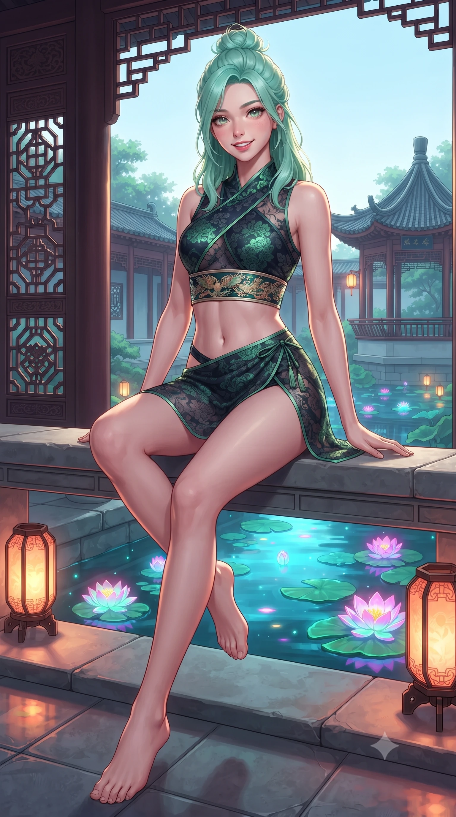 score_9, masterpiece, best quality, ultra-detailed, high-budget anime keyframe, editorial fashion photography, tasteful artistic composition, Japanese woman. low angle full-body shot from head to toe showing her feet, filling the entire 9:16 vertical frame with her statuesque presence, stretching her vertical silhouette. sitting perched on the elevated pavilion terrace edge with legs crossed and hips angled toward the camera, displaying her toned midriff and long slender limbs with joyful, coquettish charm while twisting her slender torso in an alluring S-curve, glowing neon water lilies and traditional lanterns casting colorful reflections across her hips. The surrounding environment is rendered in vivid detail and crisp panoramic clarity: detailed jacquard silk dress sheen, gold dragon embroidery glints, and classical Chinese garden architecture in high resolution. She has an absolutely perfect, statuesque 8.5-heads proportion, an exceptionally tall and slender model-like female figure with impossibly long slender legs, an ultra-slim waist, a flat toned midriff, narrow delicate ribcage, and beautifully sculpted feminine hips creating a graceful, slim hourglass silhouette without any bulky heaviness. sharp v-shaped jawline, high-bridge nose, intricate jewel-like dark sparkling almond eyes with depth, thick lashes, glossy parted lips with a natural rose-plum sheen, bright alluring and coquettish smile with bedroom-eyes, exuding both timeless oriental elegance and sovereign high-fashion allure, flawlessly proportioned anatomical accuracy, strict slender model proportions, natural body alignment, perfectly sculpted long slender limbs, ultra-slim waistline, clean dynamic posture without body distortion. wearing a sleek two-piece set featuring an asymmetric cross-over crop top and a wrap-around micro skirt tracing her hips in deep midnight obsidian and luminous imperial jade green, woven from delicate semi-opaque floral lace with oriental peony patterns, finished with a wide metallic obi sash with intricate embroidered phoenix motifs, the glove-like silhouette tightly following the natural contour of her hips and long slender legs with youthful 8.5-heads elegance. illuminated by pavilion floor light panels and sharp gold rim lights defining her razor-sharp jawline, narrow waist, and curvy hips. ultra-reflective glossy finish, specular highlights, rich textural contrasts, high-contrast stereoscopic depth, volumetric dynamic lighting, 2k, ultra detail, master piece, 9:16 ratio