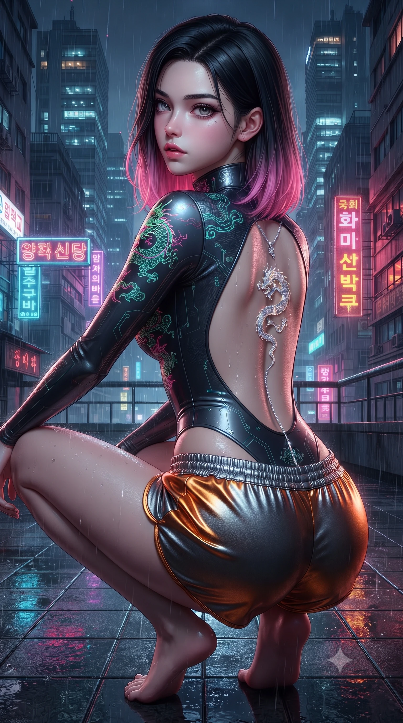 score_9, masterpiece, best quality, ultra-detailed, high-budget anime keyframe, editorial fashion photography, tasteful artistic composition, Korean woman. close-up cowboy shot from the waist and thighs up, the character dominates the composition, filling the frame with her large presence. twisting her slender torso in a deep contrapposto stance, hips dramatically shifted to accentuate her feminine curves while looking past her shoulder with smoldering bedroom-eyes while crouching low on the wet tiled rooftop terrace with back turned slightly to the lens, glancing back with smoldering bedroom-eyes and parted lips. The surrounding environment is rendered in vivid detail and crisp panoramic clarity. intense Wong Kar-wai inspired neo-noir chiaroscuro and atmospheric cyberpunk metropolis aesthetics in precision. She has an exceptionally elegant, slender, and willowy female figure with an ultra-slim waist, a gracefully sculpted slender torso, toned flat midriff, and rounded feminine hips creating an alluring hourglass silhouette. sharp v-shaped jawline, high-bridge nose, intricate jewel-like eyes with depth, thick eyelashes, glossy parted lips with a natural sheen, intensely captivating and seductive bedroom-eyes expression, flawlessly proportioned anatomical accuracy, strict slender model proportions, natural body alignment, perfectly sculpted long slender limbs, ultra-slim waistline, clean dynamic posture without body distortion. wearing a high-collar cybernetic bodysuit with neon dragon embroidery and low-slung silk swim shorts in metallic gunmetal and laser orange, made of seamless compression knit with anatomical curves sculpting, accented with a glittering dragon back chain tracing her bare spine down to her hip line, the dramatically scooped open back descending to the base of her spine, accentuating her razor-sharp statuesque lines and curvy hourglass silhouette. illuminated by wet specular asphalt bounce lights sharply sculpting her narrow waist and rounded hips. ultra-reflective glossy finish, specular highlights, rich textural contrasts, high-contrast stereoscopic depth, volumetric dynamic lighting, 2k, ultra detail, master piece, 9:16 ratio