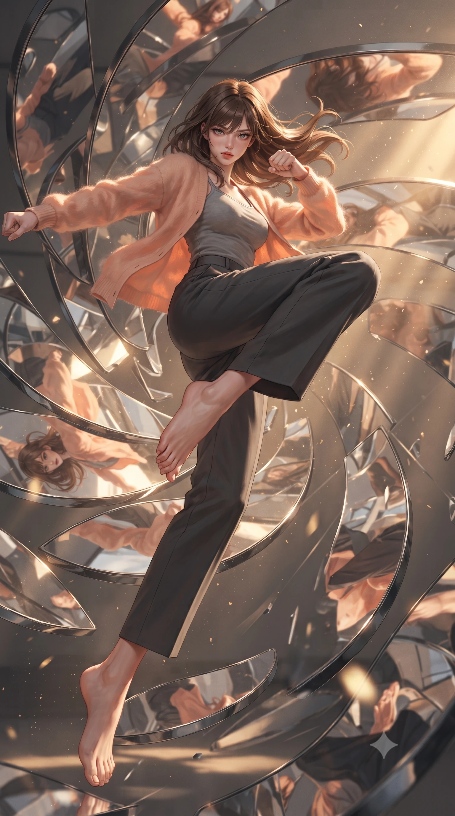 score_9, masterpiece, best quality, ultra-detailed, high-budget anime keyframe, editorial fashion photography, tasteful artistic composition, realistic cosplay photography, Korean woman. low angle full-body shot from head to toe showing her feet, filling the entire 9:16 vertical frame with her statuesque presence, stretching her vertical silhouette. spinning mid-air with intense momentum to deliver a decisive strike within a chamber where metal flower petals made of mirrors are spinning in a whirlwind, reflecting the surroundings. She has a statuesque 8.5-heads proportion, an exceptionally tall, slender and willowy model-like build with impossibly long legs and a highly sculpted ultra-slim waist. sharp v-shaped jawline, high-bridge nose, intricate jewel-like eyes with depth, thick eyelashes, glossy lips with a natural sheen. wearing the lightweight fabric rippling and billowing dramatically with her movement, a slim-fit mohair cardigan in a soft peach hue over a grey tank top and high-waisted charcoal trousers. golden hour sunlight streaming in warm shafts with floating dust particles catching the light. ultra-reflective glossy finish, specular highlights, metallic sheen, high-contrast stereoscopic depth, volumetric dynamic lighting, 2k, ultra detail, master piece, 9:16 ratio