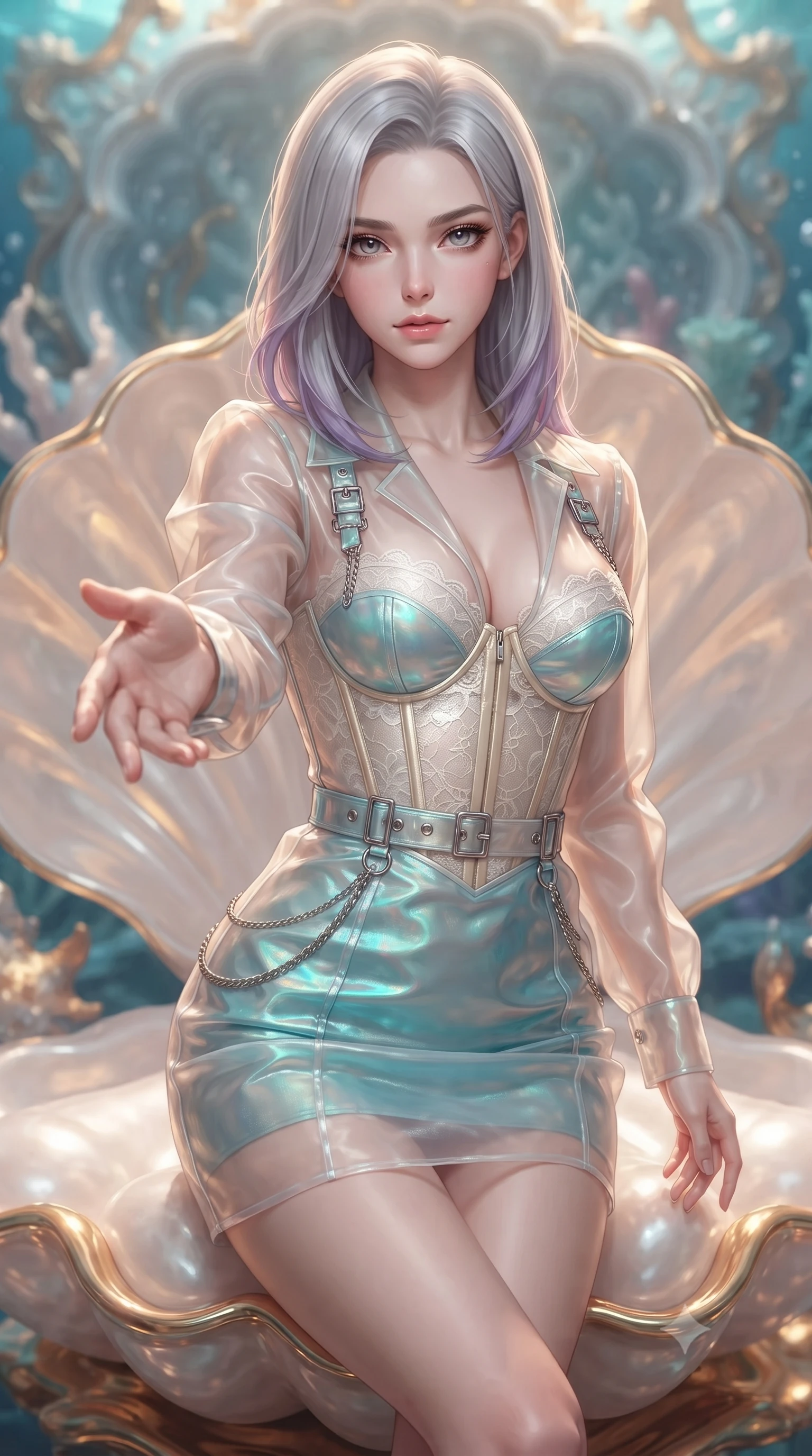 score_9, masterpiece, best quality, ultra-detailed, high-budget anime keyframe, editorial fashion photography, tasteful artistic composition, Caucasian woman. close-up cowboy shot from the waist and thighs up, the character dominates the composition, filling the frame with her large presence, background elements kept in soft focus. Reaching one hand toward the viewer with relaxed elegance, poised on a pearl shell throne illuminated by warm liquid gold reflections, statuesque model pose with refined luxury details. She has an exceptionally elegant, slender, and willowy female figure with an ultra-slim waist, a gracefully sculpted slender torso, and a refined silhouette. sharp v-shaped jawline, high-bridge nose, intricate jewel-like eyes with depth, thick eyelashes, glossy lips with a natural sheen. wearing translucent opal organza mini dress over structured white lace corset in champagne gold, made of iridescent turquoise taffeta, framed by polished silver buckles and delicate chain details, the fitted fabric emphasizing her ultra-slim waist. surrounded by a glowing golden aura with sharp metallic rim lights. ultra-reflective glossy finish, specular highlights, metallic sheen, high-contrast stereoscopic depth, volumetric dynamic lighting, 2k, ultra detail, master piece, 9:16 ratio
