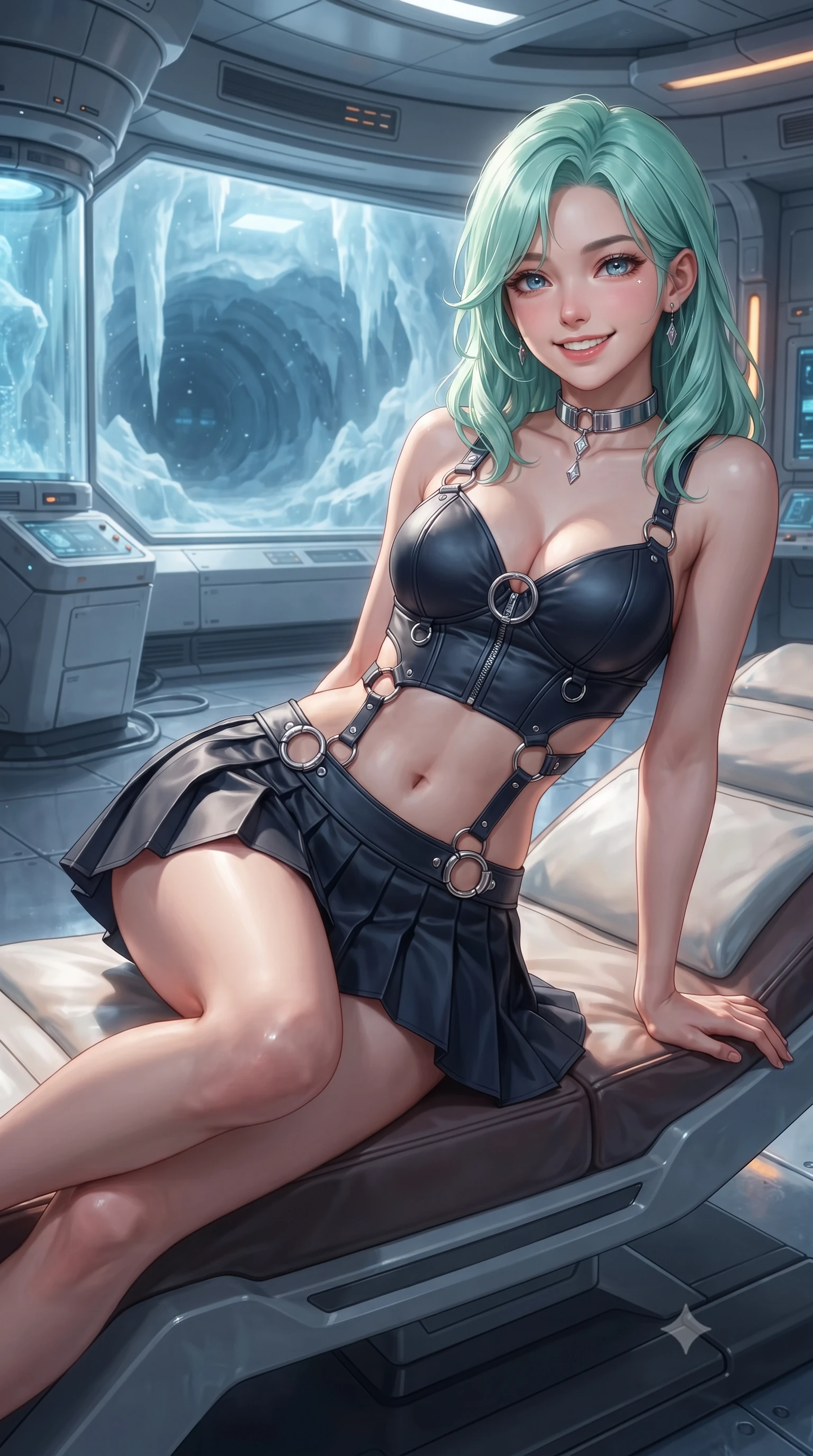score_9, masterpiece, best quality, ultra-detailed, high-budget anime keyframe, editorial fashion photography, tasteful artistic composition, Japanese woman. close-up cowboy shot from the waist and thighs up, the character dominates the composition, filling the frame with her large presence. perched sideways on the lounge seat, one knee drawn up to showcase her slender leg line while her arched back accentuates her feminine hip curve while reclining gracefully on the heated laboratory recovery bench with legs extended, displaying her long slender limbs and statuesque hourglass silhouette against the frozen glacial vault. The surrounding environment is rendered in vivid detail and crisp panoramic clarity: detailed tactical bodysuit lines, sleek wet-look sheen, and sterile cryogenic research architecture in razor-sharp precision. She has an exceptionally elegant, slender, and willowy female figure with an ultra-slim waist, flat toned midriff, narrow ribcage, and sculpted feminine hips creating an alluring, slim hourglass silhouette without bulk. sharp v-shaped jawline, high-bridge nose, intricate jewel-like sparkling eyes with depth, thick eyelashes, glossy parted lips with a natural peach sheen, bright cheerful beaming smile with an enchanting and coquettish sensual glint, exuding both youthful cute charm and seductive allure, flawlessly proportioned anatomical accuracy, strict slender model proportions, natural body alignment, perfectly sculpted long slender limbs, ultra-slim waistline, clean dynamic posture without body distortion. wearing a chrome-plated tactical combat bustier top with reinforced underwire paired with a low-rise pleated micro combat skirt in midnight carbon navy and polished chrome, adorned with delicate chrome ring hardware and cutouts along her slender waist, finished with a minimalist chrome choker and a single teardrop diamond pendant, the form-contouring silhouette accentuating her sculpted flat midriff, narrow delicate ribcage, and gracefully curvy hips with intoxicating allure. bathed in cool 8000K clinical bio-luminescence mixed with warm amber emergency threshold lights. ultra-reflective glossy finish, specular highlights, rich textural contrasts, high-contrast stereoscopic depth, volumetric dynamic lighting, 2k, ultra detail, master piece, 9:16 ratio
