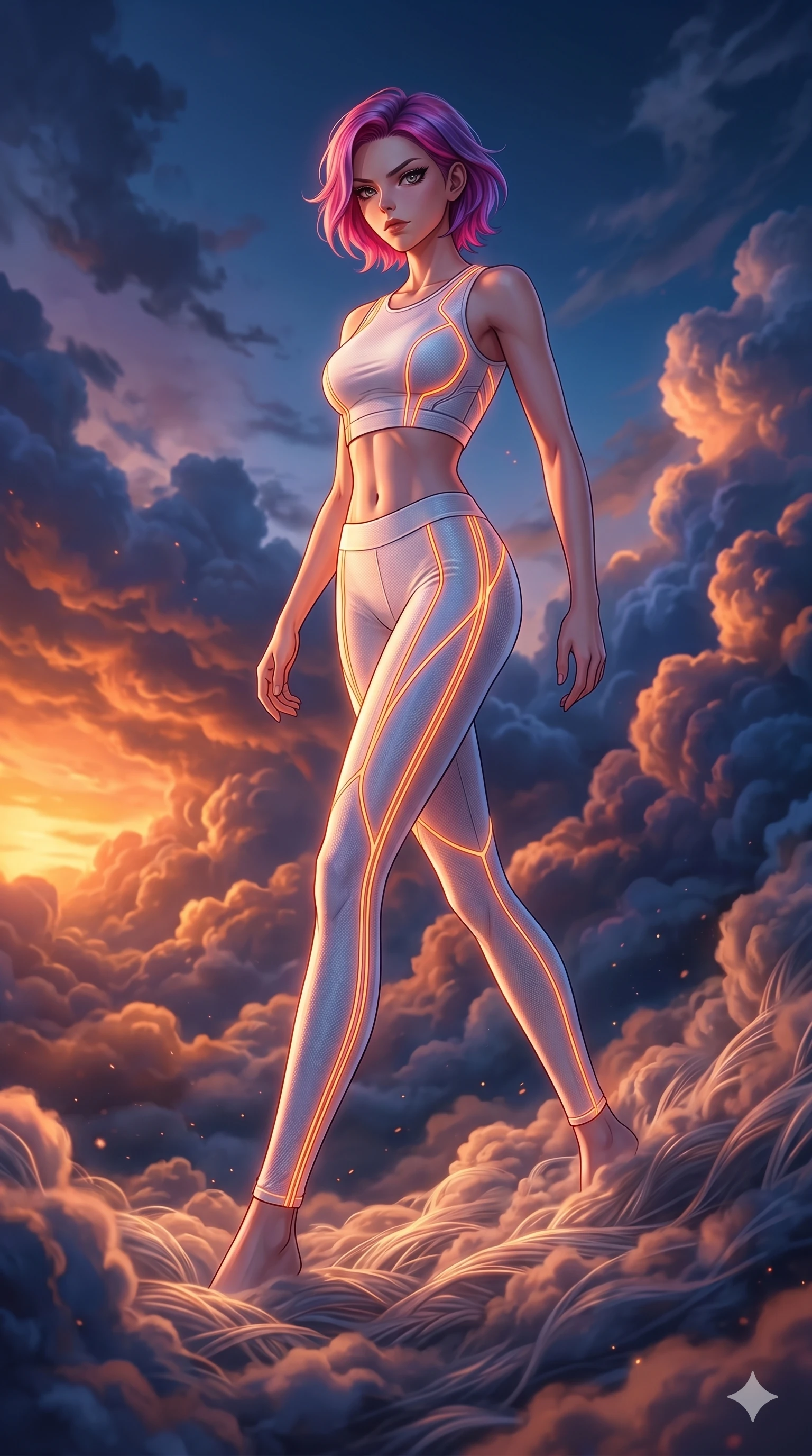 score_9, masterpiece, best quality, ultra-detailed, high-budget anime keyframe, Caucasian woman, strictly human ears. low angle full-body shot filling the entire 9:16 frame with her statuesque presence, stretching the vertical silhouette. threading through a volumetric cloud weave where storm clouds are spun like silk thread under a dramatic sunset glow. She has an absolutely perfect 8-heads proportion, an exceptionally tall and slender female figure with impossibly long slender legs and an ultra-slim waist. V-shaped jawline, high-bridge nose, intricate jewel-like eyes with depth, thick eyelashes, glossy lips with a natural sheen.. wearing a neon filament athleisure set, featuring a tight white crop top and matching leggings woven with glowing orange neon filaments, highlighting her slender body contour. accented by dynamic color-blocked lighting with high-contrast shadows emphasizing her statuesque height. 2k, ultra detail, master piece, 9:16 ratio