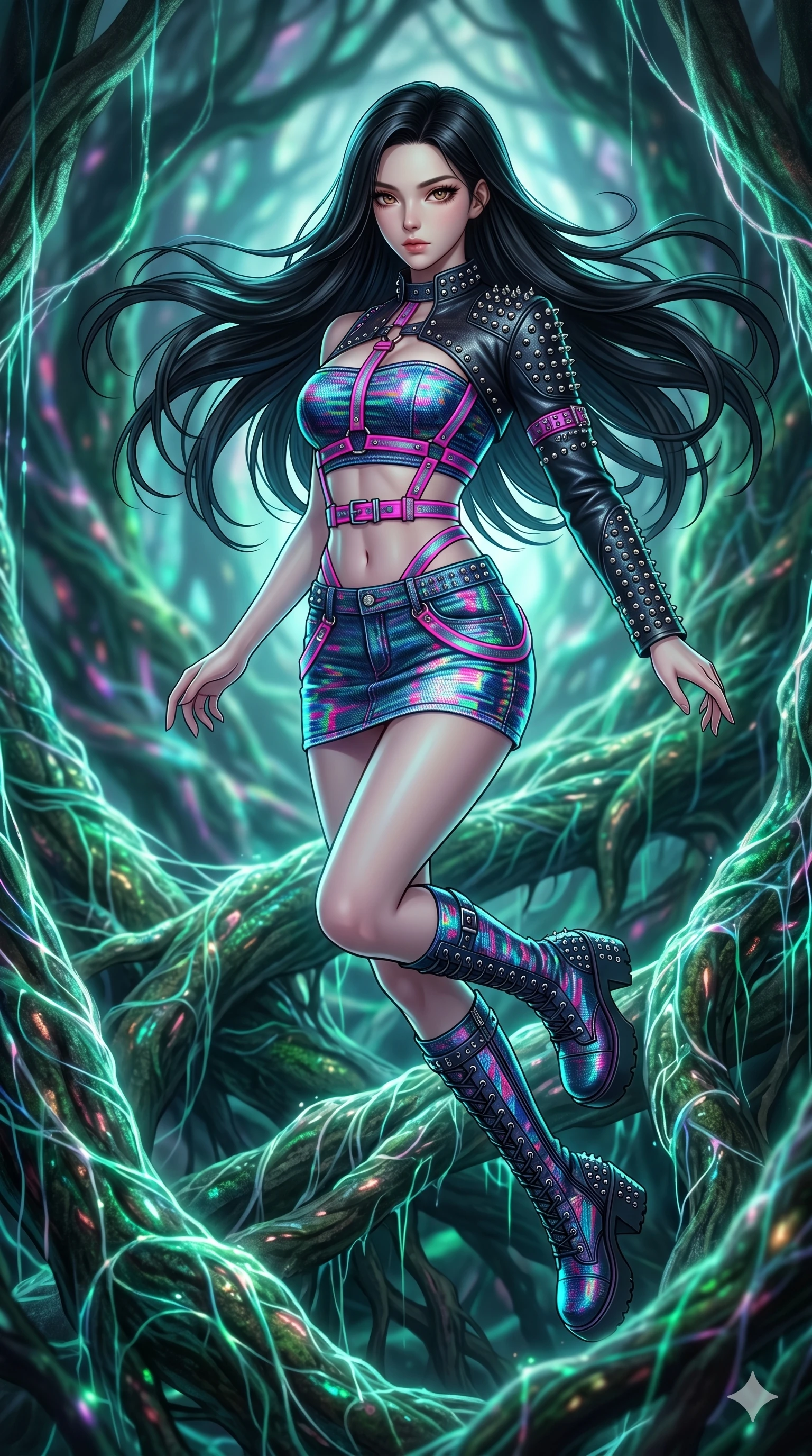 score_9, masterpiece, best quality, ultra-detailed, high-budget anime keyframe, Korean woman. upper body close-up from the thighs up, character filling the screen for maximum presence. jumping amidst giant ancient tree roots wrapped in trillions of glowing mycelium threads pulsing with emerald and opal light. She has an absolutely perfect 8-heads proportion, an exceptionally tall and slender female figure with impossibly long slender legs and an ultra-slim waist. V-shaped jawline, high-bridge nose, intricate jewel-like eyes with depth, thick eyelashes, glossy lips with a natural sheen.. wearing a glitch denim and studded leather outfit, featuring an RGB glitch pattern denim micro-skirt, a single-sleeve cropped leather jacket, and neon pink harness straps. lit by a soft glowing ambient light and a sharp side key light that traces the sleek contours of her athletic build. 2k, ultra detail, master piece, 9:16 ratio