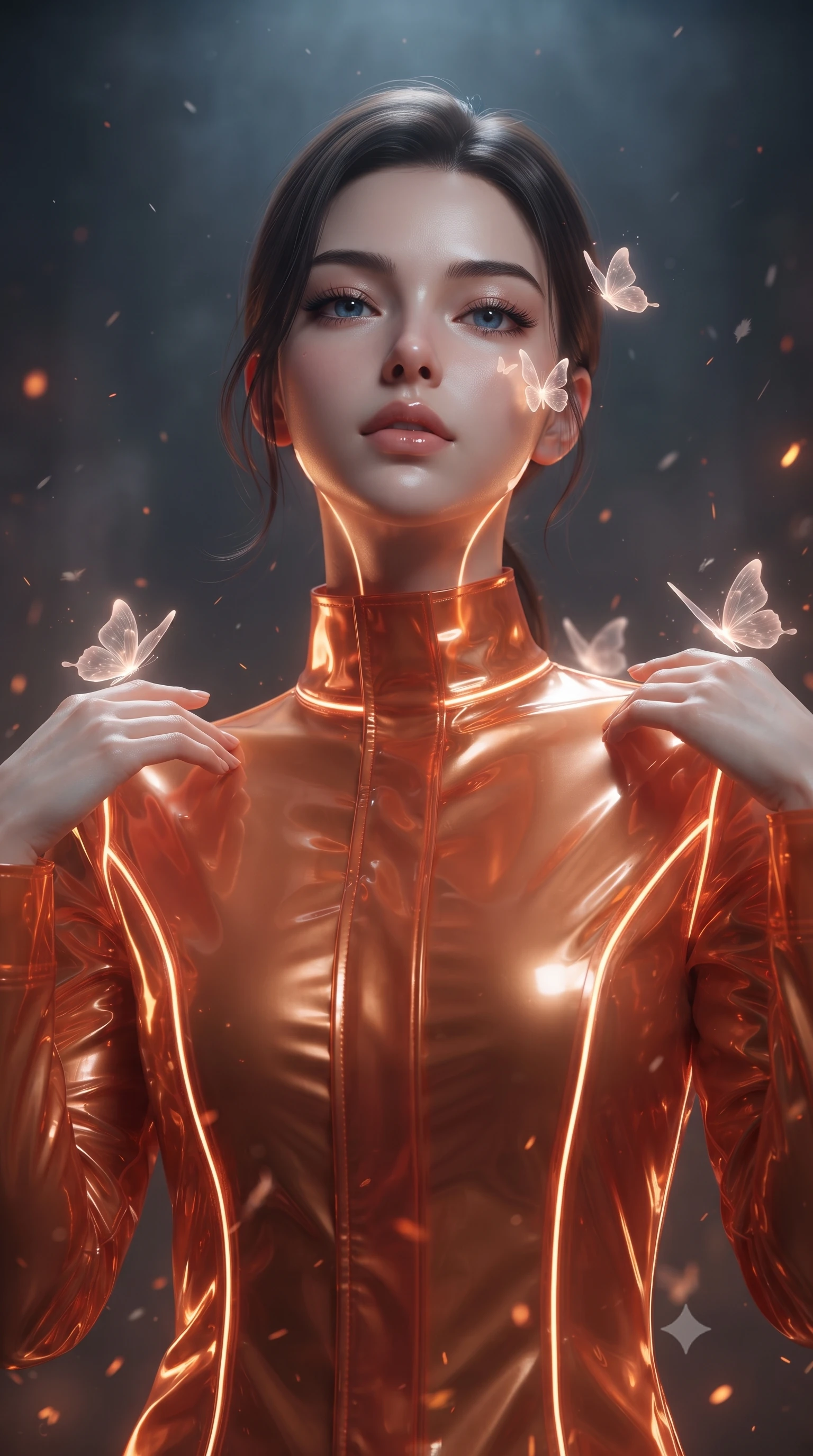 score_9, masterpiece, best quality, ultra-detailed, High-budget Anime Keyframe, editorial fashion photography, tasteful artistic composition, realistic cosplay photography, East Asian woman. Low angle cowboy shot filling the entire 9:16 frame with her statuesque presence. Scenario 548: watching digital butterflies land on her shoulders in a quiet chamber filled with glowing embers and floating ash particles. Her presence is magnetic and overpowering in this high-budget cinematic scene. Outfit 548: a slim-fit sunset orange translucent PVC jacket featuring a refined mock-neck collar and glowing LED seams. The clothing is designed to emphasize her exceptionally tall and slender 8-heads proportion. 8-heads proportion, towering silhouette, ultra-slim waist. sharp v-shaped jawline, intricate jewel-like eyes with depth, thick eyelashes, glossy lips. ultra-reflective glossy finish, specular highlights, metallic sheen, high-contrast stereoscopic depth, volumetric dynamic lighting, 2k, ultra detail, master piece, 9:16 ratio
