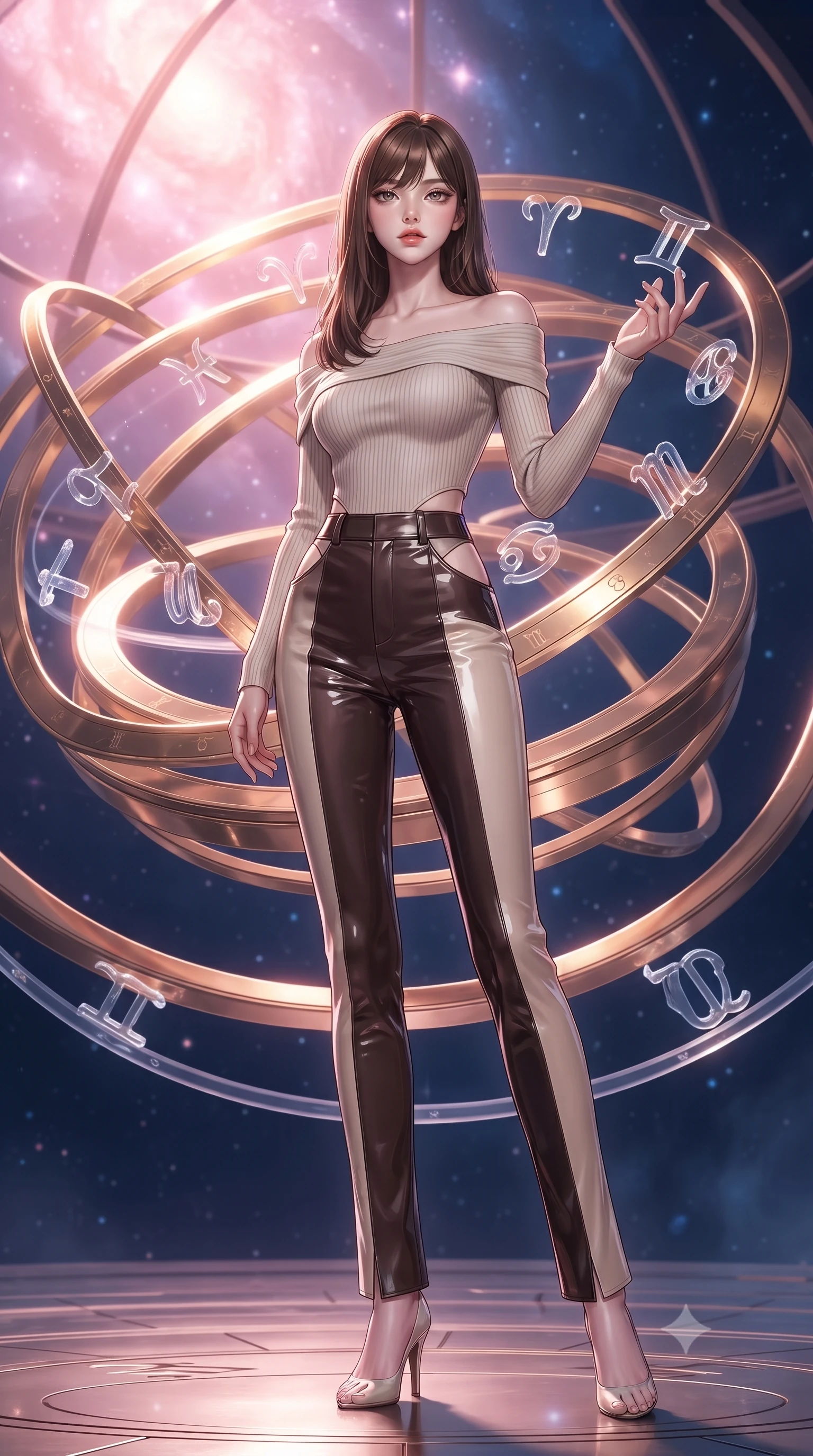 score_9, masterpiece, best quality, ultra-detailed, high-budget anime keyframe, editorial fashion photography, tasteful artistic composition, Korean woman. low angle full-body shot from head to toe showing her feet, filling the entire 9:16 vertical frame with her statuesque presence, stretching her vertical silhouette. navigating the luminous space with effortless poise, displaying her perfect model proportions inside a floating cosmic observatory with golden astrolabe rings, translucent zodiac glyphs orbiting around her delicate hands. She has an absolutely perfect, statuesque 8.5-heads proportion, an exceptionally tall and slender model-like female figure with impossibly long slender legs and an ultra-slim waist. sharp v-shaped jawline, high-bridge nose, intricate jewel-like eyes with depth, thick eyelashes, glossy lips with a natural sheen. wearing a sleek off-shoulder ribbed knit top paired with high-waist tailored pants in espresso brown and warm cream, tailored from high-gloss patent leather, featuring subtle geometric cutouts that highlight her ultra-slim midriff, the elegant draped fit framing her graceful clavicle and slender torso. bathed in radiant cosmic pink and deep navy blue ambient light. highly saturated vibrant anime colors, detailed shading with soft gradients, rich glossy textures, high-contrast stereoscopic depth, volumetric dynamic lighting, master piece, 9:16 ratio
